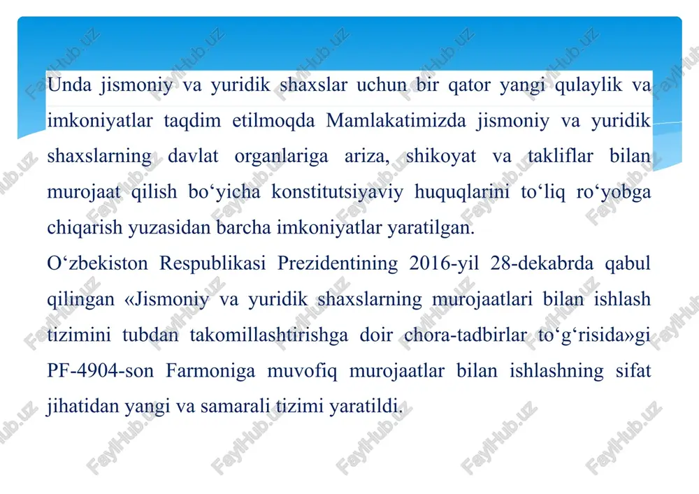 utuqlaridan keng foydalanish aholiga yangi va qo‘shimcha qulayliklarni yaratish imkonini beradi. shu ma’noda, o‘tgan davrda murojaatlar bilan ishlash tizimida to‘plangan katta tajriba va o‘tkazilgan chuqur tahlillar, fuqarolarimizning bu boradagi fikr- mulohazalari, talab va istaklaridan kelib chiqqan holda virtual qabulxona dasturiy tizimini yanada takomillashtirish ustida ish olib borildi. binobarin, 2017-yil 11-sentabrda yangi tahrirda qabul qilingan o‘zbekiston respublikasining «jismoniy va yuridik shaxslarning murojaatlari to‘g‘risida»gi qonunida ham murojaatchilar uchun qo‘shimcha qulayliklar yaratish ko‘zda tutilgan edi. shular asosida prezident virtual qabulxonasi dasturiy tizimining yangi talqini ishlab chiqildi va 1-fevral kuni test rejimida ishga tushiriladi. sayt manzili o‘zgarmagan – pm.gov.uz. bunda «pm» qisqartmasi–«prezidentga murojaat» tarzida talqin qilinadi. murojaat yuborish shakli ham o‘zgarmagan: murojaatlarni 0-800-210- 00-00 yoki 10-00 qisqa raqamlariga qo‘ng‘iroq qilish, pm.gov.uz manzilidagi maxsus murojaat shaklini to‘ldirish orqali yoxud xalq qabulxonalariga tashrif buyurib yuborish mumkin. virtual qabulxonaning takomillashtirilgan talqinida joriy qilingan asosiy yangiliklar esa quyidagilardan iborat: fuqaro virtual qabulxonada o‘z shaxsiy kabinetini ochishi mumkin prezident …