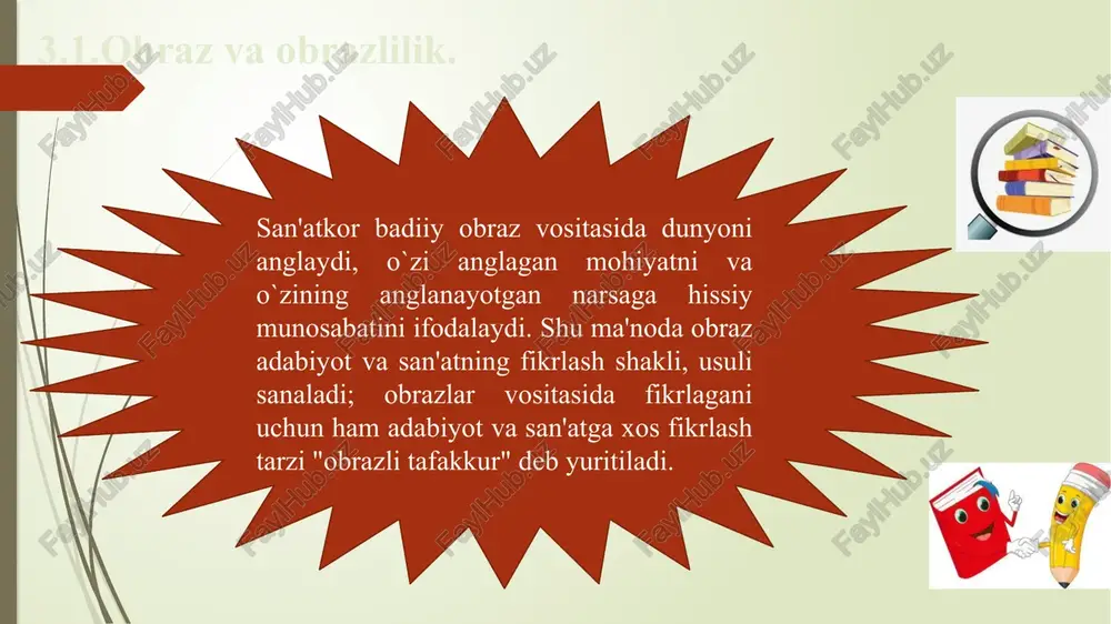 ynagan muammolarni badiiy idrok etadi. 3.3.obrazlilik va uning xususisyatlari. badiiy obrazning muhim xususiyatlaridan yana biri uning metaforikligi sanaladi. bu o`rinda "metaforiklik"ni keng ma'noda tushunish, uni "o`xshashlik"ning o`zi bilangina bog`lab qo`ymaslik lozim. ya'ni, "metaforiklik" deganda badiiy obrazning bir narsa mohiyatini boshqa bir narsa orqali ochishga intilishi, san'atga xos fikrlash yo`sini tushuniladi. adabiyotshunoslikda "badiiy obraz" atamasi ham keng, ham tor ma'nolarda ishlatiladi. keng ma'noda "badiiy obraz" deganda borliqning san'atkor ko`zi bilan ko`rilgan va ijodiy qayta ishlangan har qanday aksi (jonivorlar, narsa-buyumlar, hodisalar, tabiat obrazlari) nazarda tutilsa, tor ma'noda badiiy asardagi inson obrazi tushuniladi. borliqni badiiy idrok etishni maqsad qilgan badiiy adabiyotning asosida inson obrazi turadi, chunki borliqning o`zida inson shu xil mavqe egallaydi. shunday ekan, borliqni badiiy idrok etishni maqsad qilgan badiiy adabiyotning bu yo`ldagi asosiy vositasi inson obrazi bo`lishi tabiiy hamdir mazkur fikrni obrazlar tizimidagi darajalanish yaqqol ko`zga tashlanadigan katta epik asarlar misolida tushunish va tushuntirish qulayroq. bu xil asarlarda boshqa …