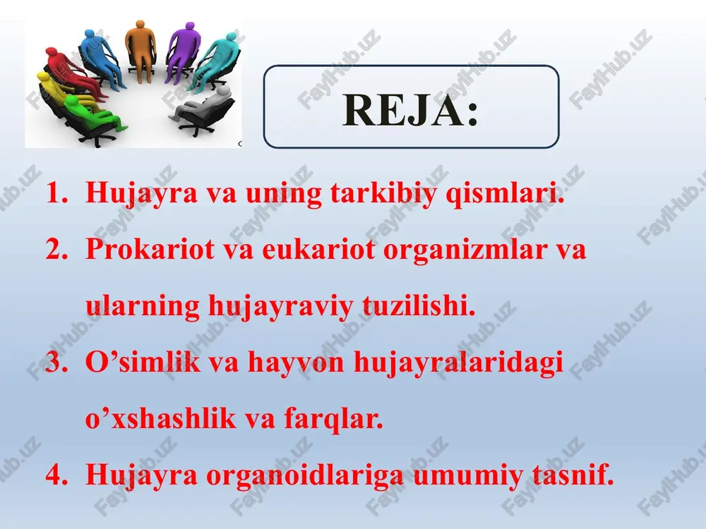 astlar leykoplasti yo’q zaxira moddalar kraxmal glikogen 4. hujayra markazi yo’q mavjud 5. vakuol voyaga yetgan hujayralarda bitta yirik ko’p sonli kichik bo’lib ovqat hazm qilish vazifasini bajaradi 6. atf sintezi xloroplast va mitoxondriyalarda ketadi mitoxondriyalar 7. oziqlanishi avtotrof geterotrof hujayra organoidlari organoidlari membranasiz bir membranali ikki membranali mitoxondriya plastidalar ept apparat goldji vakuolalar lizosomalar ribosomalar hujayra markazi kipriklar va dumchalar hayvon va ӯsimlik hujayrasining ӯxshashliklari va farqlari o’simlik va hayvon hujayralarining plazmatik membranasining tashqi tomonida hujayra devori mavjud o’simliklarda sellulozadan iborat zamburug’larda xitindan iborat. hayvon hujayralarida hujayra devori mavjud emes e`tiboringiz uchun rahmat! image2.jpeg image3.png image4.png image5.png image6.jpeg image7.jpeg image8.jpeg image9.jpeg image10.jpeg image11.png image12.jpeg image13.png image14.png image15.png image16.png image17.png image18.png image19.png image20.jpeg image21.png image22.png image23.png image1.jpeg /docprops/thumbnail.jpeg