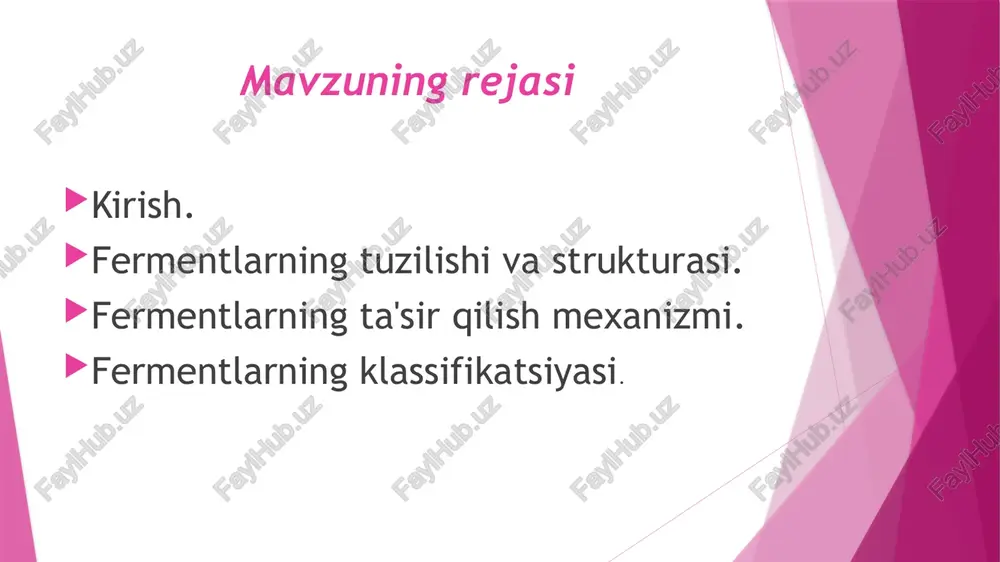 v2 va h.k.). fermentlarning ta’sir mexanizmi e+s[es]  [es]  [er]e+r e-ferment, s-substrat, r-mahsulor oddiy va murakkab fermentlarning ta’sir qilish mexanizmi bir xil bo’lib, ularning markazlari bir biriga o’xshash vazifalarni bajaradilar. fermentlar katalizlaydigan reaktsiyalar har xil tezlikda sodir bo’ladi va reaksiyalarning tezligi quyidagi omillarga bog’liq bo’ladi: fermentning o’zini miqdori va faolligiga; substratning kontsentratsiyasiga; muhitning pn va tarkibiga; muhit haroratiga; aktivator va ingibitorlarni ishtirok qilishiga. har bir ferment o’zining maksimal faolligini ma'lum bir harorat diapazonida namoyon qiladi. boshqacha qilib aytganda har bir fermentativ reaktsiya o’zining optimum temperaturasiga ega. ko’pchilik fermentlar uchun bu qiymat 35-40os orasida o’zgarib turadi. fermetativ reaktsiyalarning aktivatorlari va ingibitorlari – reaktsiya tezligini birinchilari oshiradi, ikkinchilari esa – sekinlashtiradi. aktivatorlar ferment faol markazi yoki ferment-substrat kompleksini hosil bo’lishiga imkoniyat yaratib fermentativ reaktsiyalarning tezligini oshiradi. ko’pchilik bu vazifani metallarning ionlari: sa2+,mg2+, co2+, mo2+, fe2+ va boshqalar bajaradi. allosterik fermentlarning faollanishi ularning har xil organik birikmalar bilan o’zaro ta'siri natijasida amalga …