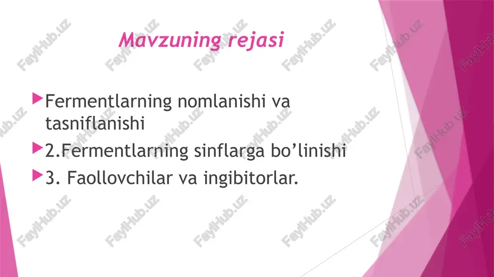 hlab chiqilgan bo‘lib, fermentlarni tasniflash va nomlash uchun uch xil tamoyildan foydalaniladi, ular jumlasiga: - fermentning nooqsil qismi (prostetik guruh)ning kimyoviy tabiati (uning nukleprotein, flavoprotein, piridoksalfosfat protein, gemprotein, metalloprotein va boshqalar)dan; - substratning kimyoviy tabiati (uglevod, oqsil, yog‘, nuklein kislotalari)dan; - katalizlanadigan reaksiyani tipi kiradi. bunda reaksiya tipi substrat(lar) nomi bilan birgalikda, u fermentlarni tizimli nomlash uchun xizmat qiladi. fermentlar nomenklaturasi fermentlar nomenklaturasi 1961 yil biokimyogarlarning v xalqaro kongressida qabul qilingan. 1. sistematik nomenklatura. ferment nomi substrat kimyoviy nomi, kimyoviy reaksiyaning tipi (xalqaro klassifikatsiya bo‘yicha) va “-aza” qo‘shimchasidan iborat. masalan: l-laktat:nad+ - oksidoreduktaza. 2. ishchi nomenklatura. fermentning nomi substrat kimyoviy nomiga yoki substratning kimyoviy o‘zgarishi nomiga “-aza” qo‘shimchasi qo‘shib yasaladi. masalan: lipos (yog‘), yog‘ni parchalovchi ferment “lipaza” deb ataladi. l-laktat:nad+ - oksidoreduktaza fermentining ishchi nomi laktatdegidrogenaza. 3. tarixiy (trivial) nomlanish. substrat va kimyoviy o‘zgarish haqidan ma’lumot bermaydi. masalan pepsin, trombin, tripsin, renin fermentlar – biokatalizatorlar bo’lib, hujayrada hosil bo’ladi va …