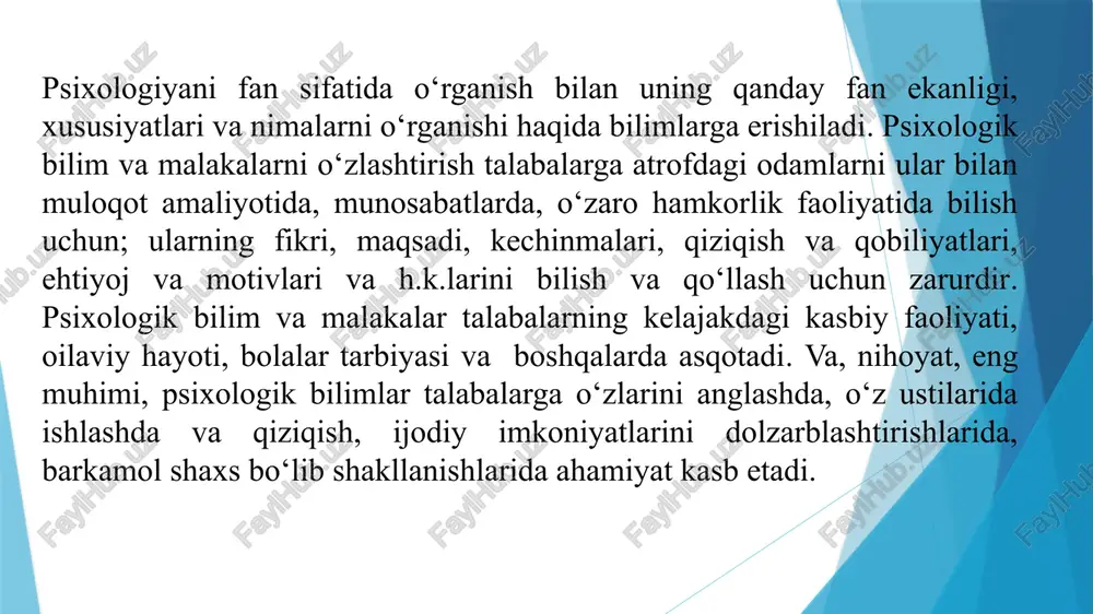 ra o‘ta murakkab va muhim vazifa bo‘lib hisoblanadi. bunda inson o‘zini anglab borgani sayin o‘zini va atrofidagilarni o‘zgartirib borishini alohida ta’kidlab o‘tish lozim. shuning uchun, psixologiya – insonni faqatgina anglovchi emas, balki uni yaratuvchi fan. biz har qanday fanni ikki katta asosiy guruhlarga bo’lishimiz mumkin: positiv va normativ fanlar. fizik va hayotiy fanlar positiv fanlar deb atalishiga qaramasdan, logika, falsafa va etika kabi fanlar tabiiy fanlar kategoriyasiga kiradi. normativ fanlarni positive fanlar bilan taqqoslasak, positive fanlar faktlarni o’rganadi, “nima?”ligini tasvirlaydi va “nima bo’lishi kerak” degan savollarga javob beradi. psixologiya hech qanday shubhasiz positive fanlar guruhiga kirib ketadi. psixologiyaning vazifalari asosan, quyidagilardan iborat: - psixik hodisalarning mohiyatini va ularning qonuniyatlarini anglashni o‘rganish; - ularni boshqarishni o‘rganish; - olingan bilimlardan shakllangan fanlar va sohalar bilan bir qatorda turgan amaliyotning boshqa sohalari samaradorligini oshirish maqsadida foydalanish; - amaliy xizmatning nazariy asosi bo‘lib xizmat qilish. hozirda psixologiya quyidagi xususiy vazifalar bilan ham shug‘ullanmoqda: psixikaning …