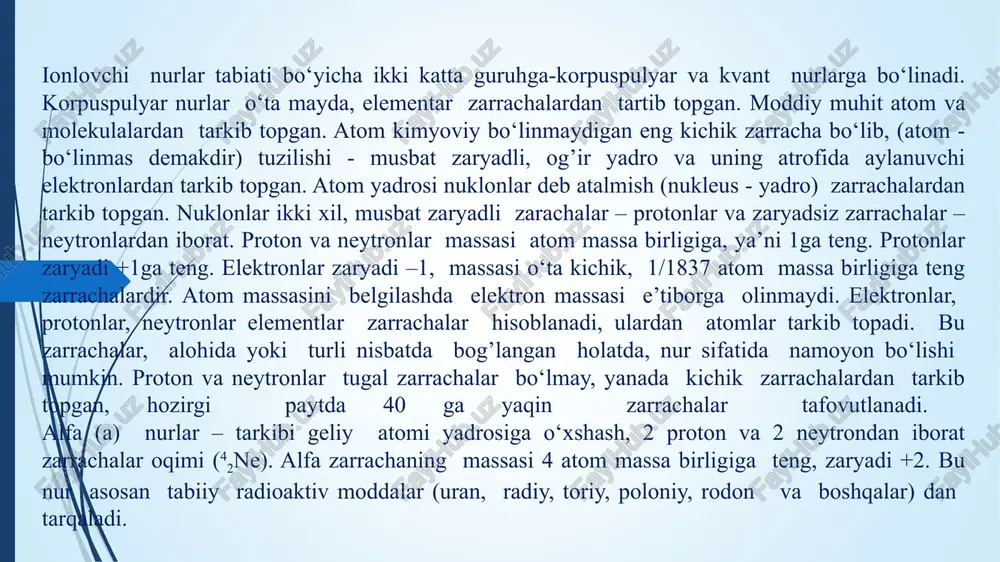 ani tufayli osonlik bilan o‘z yo‘nalishini o‘zgartiradi va egri chiziqli yo‘l (trek) hosil qiladi. nur dastasi aniq cheklanmaydi. ionlashtirish qobiliyati kuchsiz - havoda 1 sm masofada 50-100 juft ion hosil qiladi. alfa nurlari esa shu masofada bir necha o‘n ming juft ion hosil qiladi. beta nurlari tashqi nurlashda teri va uning osti qatlamlarida biologik o‘zgarishlar chaqiradi. ichki nurlashda alohida beta zarracha chaqirgan o‘zgarishlar, ionlar zichligiga bog’liq holda, alfa-zarraga nisbatan deyarli 10 barobar kuchsiz. radioaktiv moddalardan tarqalgan  nurlar vositasida tashqi nurlash tibbiyotda asosan teri kasalliklarini davolashda ishlatiladi. tibbiyot amaliyotida maxsus tezlatgichlarda (betatronlar va siklotronlarda hosil qilingan) yuqori energiyali (megavoltli) elektronlar oqimi ham qo‘llaniladi. bu nurlar to‘qimalarda ancha chuqurlikka kirishi mumkin. pozitronlar - elektronlarning aks zarrachasi bo‘lib, ularning zaryadi va massasining kattaligi bir xil, ammo zaryadning xarakteri teskari- musbat. pozitronlar o‘z aks zarrachalari elektronlar bilan to‘qnash kelgancha yashaydi. to‘qnashish ularning annigilyasiyasi, bir-birini yo‘q qilishga olib keladi. ular o‘rnida ikkita kvant hosil …
