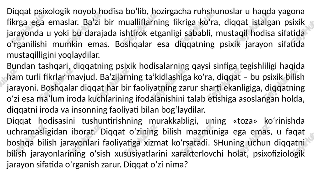 g boshqa xususiyati uning faoliyatga u yoki bu darajada chuqurlashganligini tushuntirib beruvchi jamlanganligidir. vazifa qanchalik murakkab bo‘lsa, diqqatning jadalligi va zo‘riqishi shunchalik kuchli bo‘lishi kerak, ya’ni, bunda faoliyatga chuqur kirib borish talab etiladi. ikkinchi tomondan, jamlanganlik boshqa yot narsalardan chalg‘ish bilan bog‘liq. aks holda, yot narsalardan chalg‘iy olmay qolsangiz, vazifani bajarishingiz qiyinlashadi. yo‘nalganlik va jamlanganlik bir-biri bilan o‘zaro uzviy bog‘liq. diqqatingizni biror-bir narsaga yo‘naltiradigan bo‘lsangiz, bir vaqtning o‘zida diqqatingizni unda jamlagan bo‘lasiz. va aksincha, biror-bir narsada jamlansangiz, o‘z ruhiy faoliyatingizni unga yo‘naltirgan bo‘lasiz. diqqatning yo‘nalganligi bir mashg‘ulotdan ikkinchisiga o‘tish bilan, jamlash esa – mashg‘ulotda chuqurlashish bilan bog‘liq. diqqatning inson psixik faoliyatida tutgan o‘rnini tushunish uchun o‘zingizni biror-bir jismlar guruhiga qarayotgandek tasavvur qiling. ko‘rish maydoningizning markazida joylashgan ba’zi bir jismlar aniqroq, ko‘rish maydoningizning chetida turganlari esa aksincha idrok etiladi. shunga o‘xshash hodisani ongimizga nisbatan ham tuzish mumkin: faoliyatimiz mohiyati ongimizning markazini egallagan bo‘ladi; ahamiyatga molik bo‘lmaganlari esa ongimizdan chetga surilib qoladi. …