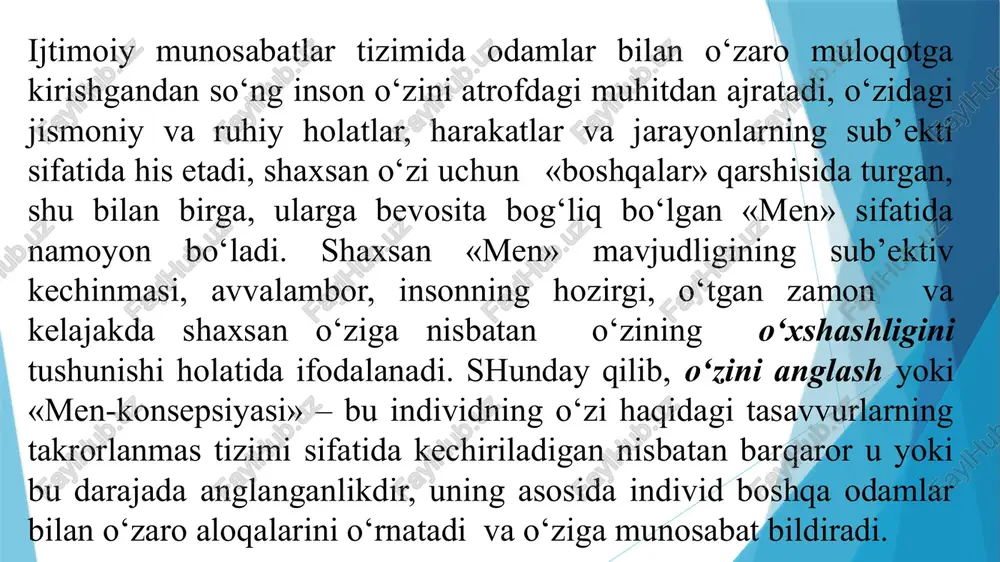 on «men» tushunchasini individga o‘zini anglashnigina emas, balki, o‘z faoliyatini ongli yo‘naltirish va boshqarish imkoniyatini yaratuvchi faol-ijodiy, integrativ muqaddima sifatida ochib bergan holda, bu tushunchaning ikki tomonlama xususiyatga ega ekanligini ta’kidlab o‘tadi. o‘zini anglash ikkilangan «men»ni o‘z ichiga oladi: 1) «men» tafakkur sub’ekti sifatidagi, refleksga ega «men» – faol, harakatchan, sub’ektga tegishli, ekzistensial «men»; 2) «men» idrok qilish va ichki sezgi ob’ekti sifatida – ob’ektga tegishli, refleksga ega, noyob hodisaviy, «men» darajasi yoki «men» obrazi «men» tushunchasi, «men-konsepsiyasi». refleksga ega «men» kognitiv chizmadan iborat bo‘lib, uning yordamida individ o‘zining ijtimoiy persepsiyasini va boshqalar haqidagi tasavvurlarini tuzadi. kognitiv chizma ikkita tizimni o‘z ichiga oladi: shaxsiy va ijtimoiy o‘xshashlik. shaxsiy o‘xshashlik jismoniy, intellektual va ahloqiy qirralar atamalaridagi o‘z yo‘nalishini belgilashga kiradi. ijtimoiy o‘xshashlik alohida o‘xshashliklardan tashkil topib, odamning turli ijtimoiy guruhlar: irq, millat, sinf, jins va h.k.larga mansubligi bilan belgilanadi. shaxsiy o‘xshashlik bilan bir qatorda ijtimoiy o‘xshashlik o‘zini anglash va ijtimoiy hulq-atvorning …