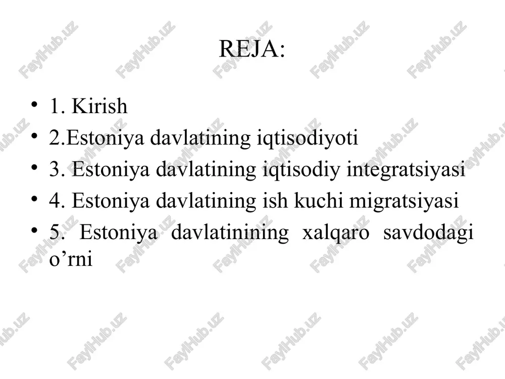 toniya - industrial-agrar iqtisodiyotga ega davlat. sanoatda iqtisodiy faol aholining 33 foizi band. sanoatning asosiy tarmoqlari: slanes qazib olish va qayta ishlash, yengil, oziq-ovqat, yog‘ochni qayta ishlash, metallni qayta ishlash, mashinasozlik va qurilish materiallari ishlab chiqarish. mamlakatdagi sanoat korxonalari yirik shaharlarda to‘plangan. tallinda metallni qayta ishlash, mashinasozlik va asbobsozlik zavodlari, yengil sanoat korxonalari joylashgan. narvada mashhur yirik ip-gazlama kombinati (krengolm manufakturasi), sillamyayeda nodir metallar ishlab chiqaradigan zavod (silmet) bor. koxtla-yarve, sillamyae va narva shaharlarida asosiy yoqilg‘i-energetika majmualari joylashgan. 7 iqtisodiyot tuzilmasi selskoe xozyaystvo promishlennost sfera uslug 2.5000000000000001e-2 0.28700000000000031 0.68799999999999994 3. estoniya davlatining iqtisodiy integratsiyasi yevropa ittifoqidagi integratsiya darajasi god davlatlar soni qo‘shilgan davlatlar hudud (mln. kv.km) aholi (mln kishi) 1957 6 belgiya, niderlandi, lyuksemburg, fransiya, germaniya, italiya 1,167 185 1973 9 + velikobritaniya, daniya, irlandiya 1,524 273 1981 10 + gretsiya 1,658 287 1986 12 +ispaniya, portugaliya 2,252 338 1995 15 + avstriya, finlyandiya, shvetsiya 3,234 370 2004 25 + …