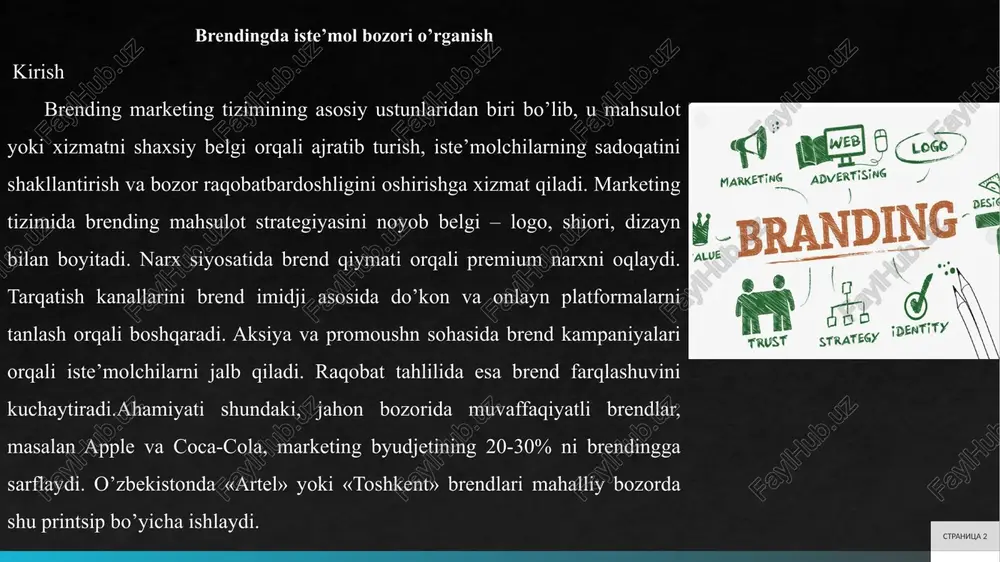 segmentatsiya bozorni kichik guruhlarga ajratishni anglatadi, bu esa marketing strategiyalarini samaraliroq qiladi. masalan, avtomobil bozorida yoshlar uchun sport mashinalari va oilalar uchun keng minivenlar segmentlari mavjud.iste’mol bozorining tarkibi turli elementlarni o’z ichiga oladi, jumladan, iste’molchilarning xarid qobiliyati, ehtiyojlari va xulq-atvori. bozorni segmentatsiya qilish orqali korxonalar o’z mahsulotlarini maqsadli guruhlarga yo’naltiradilar. demografik segmentatsiya yosh, jins va daromad darajasiga asoslanadi. masalan, kosmetika bozorida ayollar uchun maxsus mahsulotlar va erkaklar uchun alohida liniyalar mavjud. bozorni tarkibi va segmentlari korxonalar uchun strategik ahamiyatga ega. masalan, fast-fud bozorida mcdonald’s yoshlar segmentiga yo’naltirilgan kampaniyalar o’tkazadi, bu esa uning bozordagi ulushini oshiradi. segmentatsiya orqali korxonalar resurslarni samarali taqsimlaydilar va raqobatni yengadilar. iste’mol bozorining mohiyati iste’molchilarning ehtiyojlarini qondirishda yotadi, bu esa iqtisodiy o’sishga hissa qo’shadi. stranitsa 4 perviy navik vtoroy navik tretiy navik zaklyuchenie 4 stranitsa 5 brand imidji va iste’molchilar qaror qabul qilish jarayoni stranitsa 6 perviy navik vtoroy navik tretiy navik zaklyuchenie brand imidji – bu …