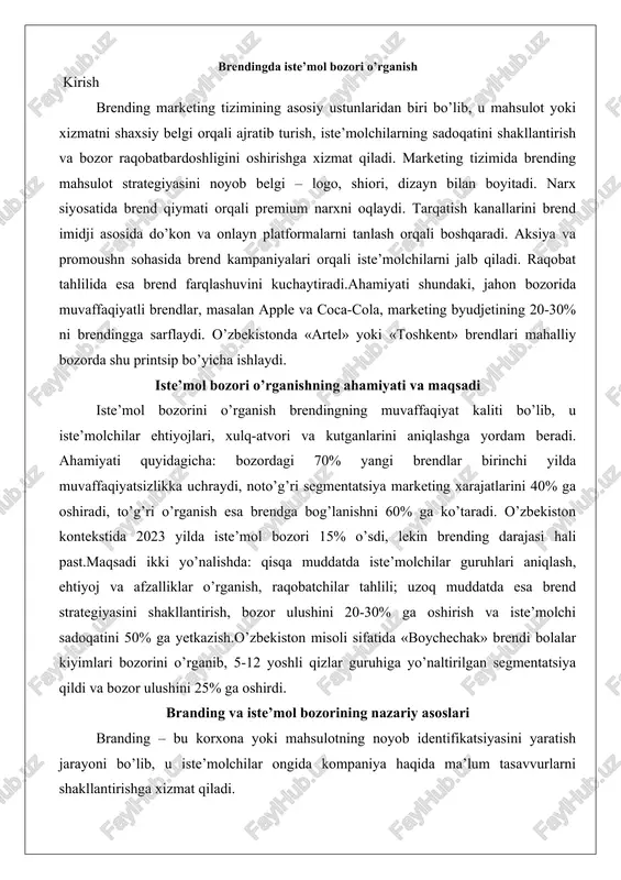 misoli sifatida «boychechak» brendi bolalar kiyimlari bozorini o’rganib, 5-12 yoshli qizlar guruhiga yo’naltirilgan segmentatsiya qildi va bozor ulushini 25% ga oshirdi. branding va iste’mol bozorining nazariy asoslari branding – bu korxona yoki mahsulotning noyob identifikatsiyasini yaratish jarayoni bo’lib, u iste’molchilar ongida kompaniya haqida ma’lum tasavvurlarni shakllantirishga xizmat qiladi. ushbu jarayon kompaniyaning nomi, logotipi, ranglari, shiorlari va umumiy imidjini o’z ichiga oladi. brandingning asosiy maqsadi – bozorda raqobatchilardan ajralib turish va iste’molchilar bilan uzoq muddatli aloqalarni o’rnatishdir. marketingda brandingning ro’li juda muhim, chunki u kompaniyaning mahsulotlari yoki xizmatlarini reklama qilishda asosiy vosita hisoblanadi. masalan, apple kompaniyasi o’z brendini innovatsiyalar va yuqori sifat bilan bog’laydi, bu esa uning mahsulotlarini sotishni oshiradi. bunday yondashuv iste’molchilarga mahsulotni tanlashda yordam beradi va ularning sodiqligini ta’minlaydi.brending korxonaning strategik rivojlanishida markaziy o’rin tutadi. u nafaqat mahsulotni sotishga yordam beradi, balki kompaniyaning qiymatini oshiradi. raqobat kuchaygan bozorda, brending iste’molchilarning e’tiborini jalb qilish uchun zarur. coca-cola brendi, masalan, shaxsiy …