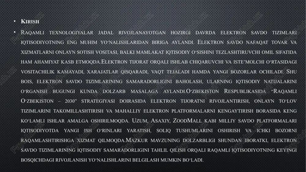 lar uchun qulaylik yaratishdir. masalan, bir mijoz smartfon orqali o'z uyida o'tirib, xalqaro kompaniyadan mahsulot buyurtma berishi mumkin, bu jarayon to'lovdan tortib yetkazib berishgacha avtomatlashtirilgan.elektron savdoning turlari savdo ishtirokchilarining o'zaro munosabatlariga qarab farqlanadi. birinchi tur – biznesdan biznesga (b2b) savdo, bu yerda kompaniyalar bir-biriga tovarlar yoki xizmatlar yetkazib beradi. masalan, ishlab chiqaruvchi korxona xomashyo sotib olish uchun boshqa korxonaning veb-saytiga murojaat etadi. elektron savdoning an’anaviy savdodan farqli jihatlari an’anaviy savdo, yoki oflayn savdo, jismoniy do’konlar va bozorlar orqali amalga oshiriladi, unda mijozlar tovarlarni bevosita ko’rib, tanlaydi. elektron savdo esa bu jarayonni raqamlashtirib, fundamental farqlarga ega. birinchi farq – vaqt va joy cheklovlari yo’qligi. an’anaviy savdoda do’konlar ish vaqti bilan cheklangan bo’lsa, elektron savdo 24 soat 365 kun davomida mavjud. mijozlar istalgan joydan, masalan, sayohat paytida yoki uyda o’tirib, xarid qilishi mumkin. bu, ayniqsa, global pandemiya davrida yaqqol namoyon bo’ldi, chunki oflayn savdo cheklanib, onlayn variantlar ustunlik qildi.ikkinchi farq – geografik …