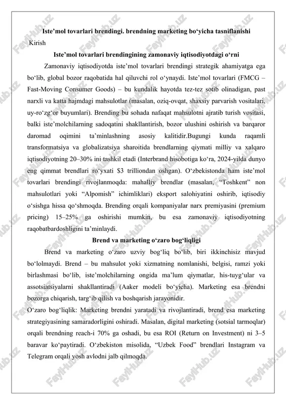 qilish va boshqarish jarayonidir. o‘zaro bog‘liqlik: marketing brendni yaratadi va rivojlantiradi, brend esa marketing strategiyasining samaradorligini oshiradi. masalan, digital marketing (sotsial tarmoqlar) orqali brendning reach-i 70% ga oshadi, bu esa roi (return on investment) ni 3–5 baravar ko‘paytiradi. o‘zbekiston misolida, “uzbek food” brendlari instagram va telegram orqali yosh avlodni jalb qilmoqda. brend tushunchasi va uning mohiyati brend tushunchasi zamonaviy iqtisodiyotda muhim o‘rin egallaydi. u nafaqat mahsulot yoki xizmatni belgilab qo‘yuvchi nom yoki belgi sifatida ko‘riladi, balki iste’molchilarning ongida shakllanadigan butun bir qator assotsiatsiyalarni o‘z ichiga oladi. brendning mohiyati iste’molchilarning mahsulotga nisbatan hissiy va ratsional munosabatlarini belgilaydi. bu jarayon orqali brend mahsulotni oddiy tovardan farqlantirib, unga qo‘shimcha qiymat beradi.brendning asosiy komponentlari orasida nom, logotip, shior, ranglar va dizayn elementlari mavjud. masalan, apple kompaniyasining logotipi oddiy olma tasviri bo‘lib, innovatsiya va sifatni ramziy ifodalaydi. bu komponentlar birgalikda brendni iste’molchilarning e’tiborida mustahkamlaydi. brendning mohiyati shuningdek, u yaratadigan va’da va tajribada yotadi. iste’molchi brendni …