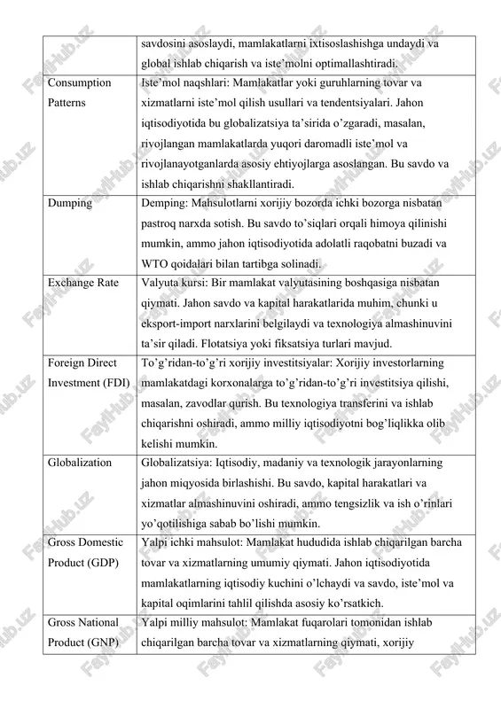 ishga undaydi va global ishlab chiqarish va iste’molni optimallashtiradi. consumption patterns iste’mol naqshlari: mamlakatlar yoki guruhlarning tovar va xizmatlarni iste’mol qilish usullari va tendentsiyalari. jahon iqtisodiyotida bu globalizatsiya ta’sirida o’zgaradi, masalan, rivojlangan mamlakatlarda yuqori daromadli iste’mol va rivojlanayotganlarda asosiy ehtiyojlarga asoslangan. bu savdo va ishlab chiqarishni shakllantiradi. dumping demping: mahsulotlarni xorijiy bozorda ichki bozorga nisbatan pastroq narxda sotish. bu savdo to’siqlari orqali himoya qilinishi mumkin, ammo jahon iqtisodiyotida adolatli raqobatni buzadi va wto qoidalari bilan tartibga solinadi. exchange rate valyuta kursi: bir mamlakat valyutasining boshqasiga nisbatan qiymati. jahon savdo va kapital harakatlarida muhim, chunki u eksport-import narxlarini belgilaydi va texnologiya almashinuvini ta’sir qiladi. flotatsiya yoki fiksatsiya turlari mavjud. foreign direct investment (fdi) to’g’ridan-to’g’ri xorijiy investitsiyalar: xorijiy investorlarning mamlakatdagi korxonalarga to’g’ridan-to’g’ri investitsiya qilishi, masalan, zavodlar qurish. bu texnologiya transferini va ishlab chiqarishni oshiradi, ammo milliy iqtisodiyotni bog’liqlikka olib kelishi mumkin. globalization globalizatsiya: iqtisodiy, madaniy va texnologik jarayonlarning jahon miqyosida birlashishi. bu …