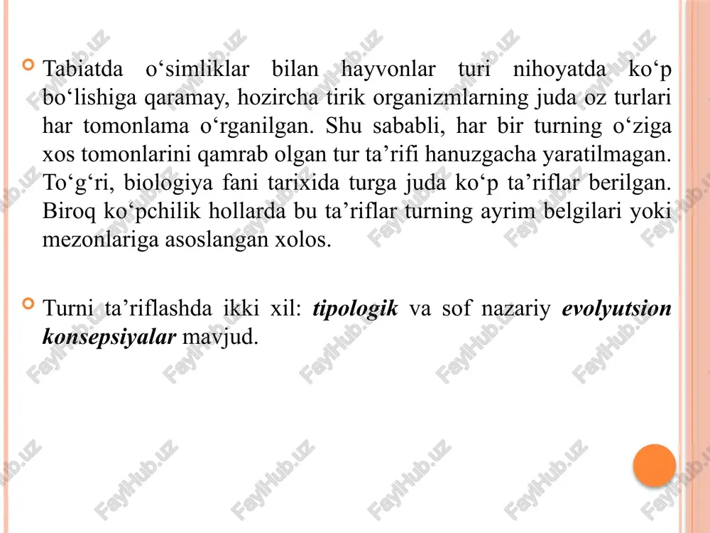 nt formalar tur darajasiga ko‘tarilishi hisobga olinmagan. simpson mulohazasiga ko‘ra, tur deyilganda, bir ota-ona organizmlarning boshqa ota-ona organizmlardan mustaqil ravishda tarixiy rivojlangan va o‘z evolyutsion taqdiriga, yo‘nalishiga ega bo‘lgan izchil populatsiyalari qatori tushuniladi k.m.zavadskiyning turga bergan ta’rifida “tur hayotning mavjud asosiy formalaridan biri bo'lib, yuqori tuzilish — uyushish darajasidan tashkil topgan. u statik tomondan determinatsiya qilingan sistemadan iborat bo‘lib, tabiiy tanlanishning ta’sir maydoni hisoblanadi. tur uzoq vaqt o‘z-o'zidan ko‘paya olish, yashash va mustaqil rivojlanish qobiliyatiga ega”. zavadskiy tomonidan berilgan bu ta’rif tur naqadar keng hajmli, o‘z mohiyati jihatidan qarama-qarshi ekanligini ko‘rsatadi. tur tirik tabiatning alohida yashash formasi tur hosil bo’lishi populatsiya va tur doirasida vujudga kelgan xususiy, adaptiv o‘zgarishlar asosida tarkib topgan mikroevolyutsiya jarayoni- dir. mikroevolyutsiya jarayonlarining tur hosil bo'lish jarayoni bilan munosabati nihoyatda murakkab. 1864-yildan boshlab to 1950-yilgacha tur to‘satdan o'zgarish yo‘li bilan paydo bo'lishi haqida har xil qarashlar, vujudga keldi. bu qarashlar ayniqsa, olimlardan kelliker, mayvart va vaagen, …
