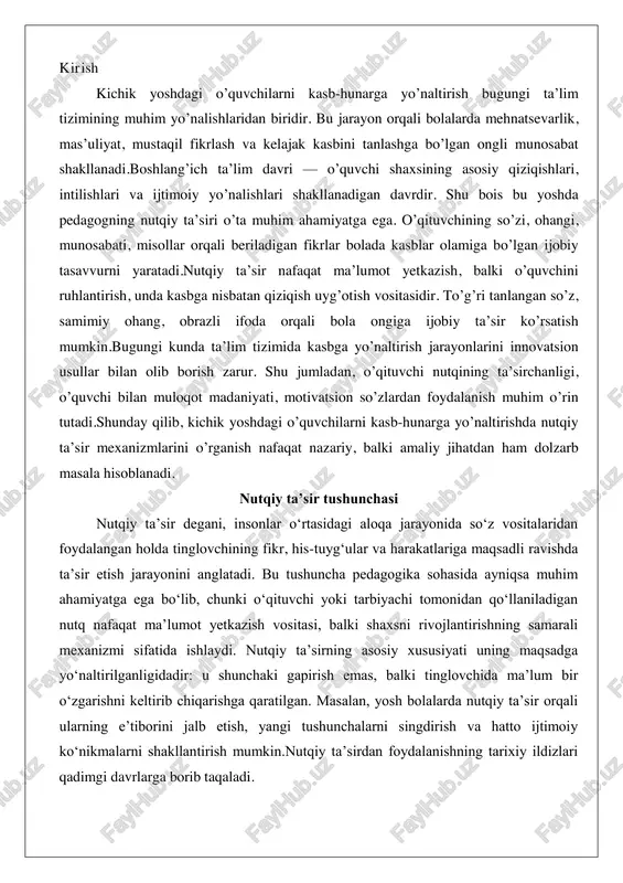 atida ishlaydi. nutqiy taʼsirning asosiy xususiyati uning maqsadga yoʻnaltirilganligidadir: u shunchaki gapirish emas, balki tinglovchida maʼlum bir oʻzgarishni keltirib chiqarishga qaratilgan. masalan, yosh bolalarda nutqiy taʼsir orqali ularning eʼtiborini jalb etish, yangi tushunchalarni singdirish va hatto ijtimoiy koʻnikmalarni shakllantirish mumkin.nutqiy taʼsirdan foydalanishning tarixiy ildizlari qadimgi davrlarga borib taqaladi. qadimgi yunoniston faylasuflari, masalan, aristotel va platon nutq sanʼatini «ritorika» deb nomlab, uni jamiyatdagi taʼsir kuchli vosita sifatida baholaganlar. ularning fikricha, nutq nafaqat mantiqiy dalillarga asoslanishi, balki emotsional va etik jihatlarni ham hisobga olishi kerak. zamonaviy pedagogikada esa nutqiy taʼsir psixologik nazariyalar bilan chambarchas bogʻliq. lev vygotskiyning «proximal rivojlanish zonasi» konsepsiyasi shunga misol boʻla oladi: oʻqituvchining nutqi bola uchun yangi maʼlumotni tushunishga yordam beruvchi koʻprik vazifasini bajaradi. bu yerda nutqiy taʼsir passiv tinglash emas, balki faol muloqot jarayoni sifatida koʻriladi, yaʼni tinglovchi ham nutqga oʻz hissasini qoʻshadi.pedagogik kontekstda nutqiy taʼsirning turlari ham ajralib turadi. u maʼlumot beruvchi (informatsion), his- tuygʻularni uygʻotuvchi (emotsional) …