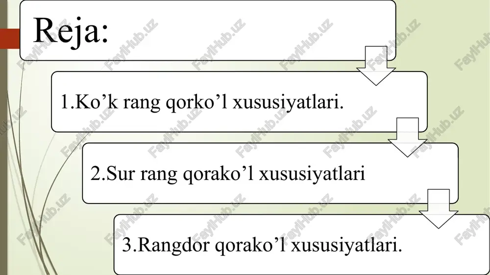 70-75% ni tashkil qiladi, oq tolalar ulardan 40-45% ga uzunroq qora-ko‘k- sag‘ri markazi, bel va elka qirrasida oq va qora tolalar aralashmasidan hosil bo‘luvchi turli kenglikdagi ko‘k rangli butun yo‘lakcha mavjud bo‘lib, qorako‘lning boshqa qismlari qora rangda marvaridsimon rang qo‘rg‘oshinsimon rang sur rang qorako’lga berilgan birlamchi ishlov sifatiga va sofzotlilik belgilariga qo’yiladigan andozaviy talablar qora qorako’lniki bilan bir xil.tola ost qismining to’q rangi va oqchil uch qismining har xil tuslarda jilvalanishiga ko’ra sur rangi quyidagi rangbarangliklarga bo’linadi: sur rang zot tipi va rangbarangliklari qoraqalpoq suri. o’rik gulsimon, shamchiroqgul, kamar sur, po’lati sur buxoro suri: tillasimon, kumushsimon,olmossimon, siren sur surxondaryo suri. bronza, platina, qahrabo sur, antratsit sur, sariq qumrang sur buxoro suri kumush sur – jun-tola qoplamining ostki qismi qoramtir, uchki qismi kumushsimon; tillo sur – jun-tolalarning ostki qismi to‘q jigarrang, uchlari tillasimon; olmos sur – jun-tolalarining ostki qismi qoramtir, uchlari osmonsimon; siren sur – ostki qismi och jigirrang, uchlari och …