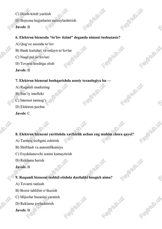 12. raqamli biznesning muvaffaqiyati nimaga bog‘liq? a) qimmat uskunalarga b) raqamli strategiya va innovatsion yondashuvga c) ko‘p xodimlar soniga d) mahsulot turlarining ko‘pligiga javob: b 13. “e-marketing”ning asosiy vazifasi nima? a) mahsulot ishlab chiqarish b) bozorni tahlil qilish va raqamli reklama yuritish c) to‘lov tizimini nazorat qilish d) omborni boshqarish javob: b 14. elektron biznesda mijozlar bilan aloqa qanday amalga oshiriladi? a) faqat telefon orqali b) elektron pochta, chat, ijtimoiy tarmoqlar orqali c) faqat shaxsiy uchrashuvda d) ofisda yozma shaklda javob: b 15. elektron biznesdagi “startap” atamasi nimani bildiradi? a) yangi texnik qurilma b) yangi biznes g‘oya asosida tashkil etilgan raqamli loyiha c) eski kompaniya d) bank tizimi javob: b 16. elektron biznesni boshqarish jarayonida “analitika”ning ahamiyati nimada? a) faqat hisobot uchun b) qaror qabul qilishda ma’lumot tahlilini ta’minlash c) kompaniyani reklama qilish d) tarmoq xavfsizligini o‘lchash javob: b 17. elektron biznesda “cloud technology” (bulut texnologiyasi) nimaga xizmat qiladi? a) …