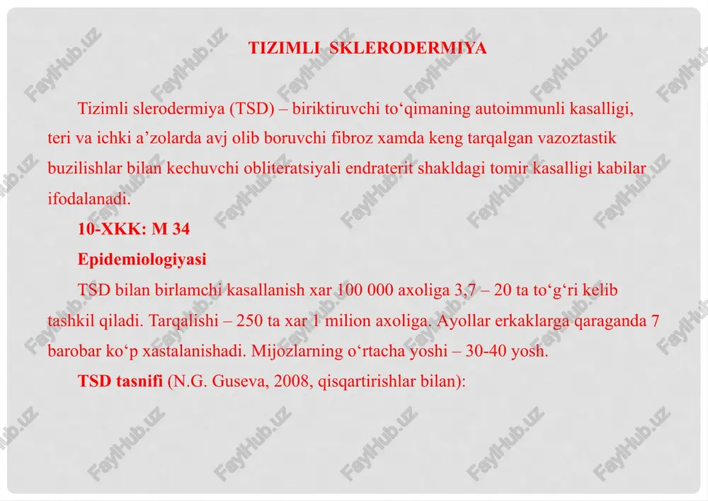 ketadi, sovuklashibkolishadi va ogriy boshlaydilar. tez-tez kelib chikib turadigon spazmalarida nekrozlar rivojlanishi mumkin. barmoklar shishib ketadilar va xattoki, tsd da teri uzgarishlari (fibrozga chalinishi,zichlanishi, induratsiyasi,atrofiyasi) yuzda va kul barmoklari xamda kaftda ifodalaniladi: ishiklar kelib chikadi va ular vakt utishi bilan zichlashadilar. vakt utishi borasida yuz « nikobsimon » bulib koladi, ogiz torayadi va lab atrofida “kisset” alomati paydo buladi. bugimlarni zararlanishi ogriklar va xarakatlanishlarni karaxtlashishi bilan ifodalanadi. qizilo‘ngachni zaralanishi tiniq bo‘ladi: ovqat yutishda bo‘ladigan og‘riqqa shikoyat qilinadi. ichakni dilatatsiyasi va uning mikroflarasini buzilishi rivojlanishi mumkin, bunig natijasida qabziyat yoki ich ketishlar kelib chiqadilar. yurak xastalanganda xansirash, aritmiyalar, yurak sohasida oqriqlar, oyoqlarni shishi paydo bo‘ladilar. buyraklarni zaralanishi 20% bemorlarda rivojlanadi. nomuvofiq davolanganda kasallikning simptomlari avjlanib boradilar. kasallikning o‘tkir shaklida 2 yillik yashovchanlik shaklida esa – bemorlarning taxminan yarmi 5 yildan tashxisoti tsd tashxisi klinik ko‘rinishlarga (terini tiniq 20% da kam bo‘ladi, surunkali ortiq yashaydi. zichlashuvi, alomatlariga reno sindromi va disfogiyani bo‘lishi …