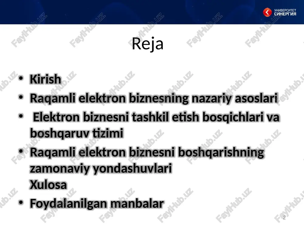, internet tarmoqlari, serverlar, bulutli xizmatlar va ma’lumotlar markazlari tushuniladi. texnologik asoslar esa, dasturiy ta’minot, sun’iy intellekt va blokcheyn kabi innovatsiyalarni o’z ichiga oladi. 9 10 raqamli elektron biznesni boshqarishning zamonaviy yondashuvlari raqamli elektron biznesni tashkil etish va boshqarish jarayoni zamonaviy texnologiyalarga asoslangan yondashuvlarni talab etadi. ushbu bobda raqamli elektron biznesni boshqarishning asosiy yo’nalishlari ko’rib chiqiladi. xususan, sun’iy intellekt va katta ma’lumotlar texnologiyalaridan foydalanish, elektron biznesda raqamli xavfsizlik va ma’lumotlarni himoya qilish masalalari hamda o’zbekistonda raqamli biznesni rivojlantirishning kelajakdagi yo’nalishlari muhokama qilinadi. 11 sun’iy intellekt va big data texnologiyalaridan foydalanish sun’iy intellekt (si) va katta ma’lumotlar (big data) texnologiyalari raqamli elektron biznesni boshqarishda asosiy vositalar hisoblanadi. ushbu texnologiyalar ma’lumotlarni qayta ishlash, bashorat qilish va qaror qabul qilish jarayonlarini avtomatlashtirishga imkon beradi. si algoritmlari mashinali o’rganish va neyron tarmoqlar asosida ishlaydi, bu esa biznes jarayonlarini tez va aniq tahlil qilishga yordam beradi. 12 13 o’zbekistonda raqamli biznesni rivojlantirish istiqbollari. o’zbekistonda raqamli …
