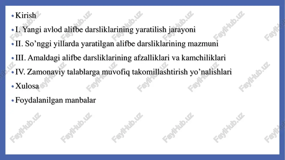 rivojlantirish va lug’atni boyitishga xizmat qiladi. metodlar orasida o’yinli shakllar, vizual vositalar (rasmlar, animatsiyalar) va interaktiv mashqlar keng qo’llaniladi, bu o’qish savodxonligini oshirish va tinglab tushunish ko’nikmalarini mustahkamlashga yordam beradi. bundan tashqari, imloviy va punktuatsion qoidalarni o’rgatishda mustaqil ishlar va guruhiy faoliyatlar integratsiyalashgan yondashuv talab etiladi, bu esa o’quvchilarning ijodiy fikrlashini rag’batlantiradi. so’nggi yillarda alifbe darsliklarini yangilash zarurati • so’nggi yillarda (2020–2025-yillar) o’zbekiston ta’lim tizimida raqamli transformatsiya va global ta’lim tendensiyalari ta’sirida alifbe darsliklarini yangilash zaruriy bo’ldi. 2023-yilda joriy etilgan yangi avlod boshlang’ich sinf darsliklari o’qituvchilar va o’quvchilar uchun tub o’zgarishlarni keltirib chiqardi: ular interaktiv elementlar, raqamli qo’llanmalar va bolalarning qiziqishini hisobga olgan mazmun bilan boyitildi, bu esa darsliklarning afzalliklarini oshirdi va jamoatchilik muhokamalarini kuchaytirdi. yangilash zarurati ta’lim islohotlari, jumladan, “yangi o’zbekiston taraqqiyoti davrida pedagogika, maktabgacha va boshlang’ich ta’limni rivojlantirish” konsepsiyasidan kelib chiqadi, chunki eski darsliklar zamonaviy texnologiyalarga mos kelmasligi va o’quvchilarning raqamli savodxonligini ta’minlamasligi sabab bo’ldi. 2023-yilda tashkil etilgan …