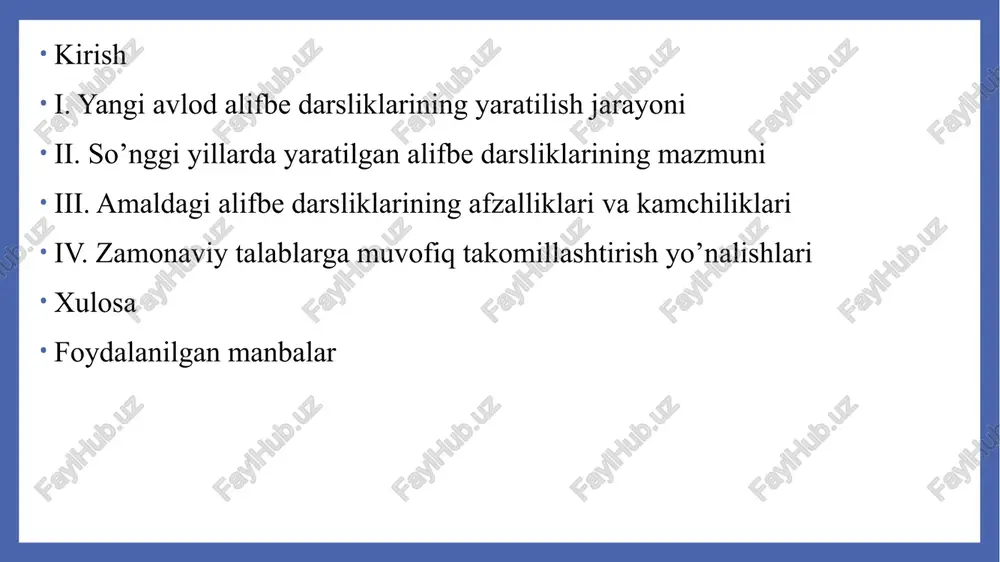 h harflarni alohida o’rganishdan boshlanib, o’qish va yozish ko’nikmalarini bosqichma-bosqich shakllantirishga asoslanadi. masalan, 1-sinfda ovozli va undosh harflarni ajratish, so’z va gap tuzilishini tushunishga e’tibor qaratiladi, bu esa bolalarning nutqini rivojlantirish va lug’atni boyitishga xizmat qiladi. metodlar orasida o’yinli shakllar, vizual vositalar (rasmlar, animatsiyalar) va interaktiv mashqlar keng qo’llaniladi, bu o’qish savodxonligini oshirish va tinglab tushunish ko’nikmalarini mustahkamlashga yordam beradi. bundan tashqari, imloviy va punktuatsion qoidalarni o’rgatishda mustaqil ishlar va guruhiy faoliyatlar integratsiyalashgan yondashuv talab etiladi, bu esa o’quvchilarning ijodiy fikrlashini rag’batlantiradi. so’nggi yillarda alifbe darsliklarini yangilash zarurati so’nggi yillarda (2020–2025-yillar) o’zbekiston ta’lim tizimida raqamli transformatsiya va global ta’lim tendensiyalari ta’sirida alifbe darsliklarini yangilash zaruriy bo’ldi. 2023-yilda joriy etilgan yangi avlod boshlang’ich sinf darsliklari o’qituvchilar va o’quvchilar uchun tub o’zgarishlarni keltirib chiqardi: ular interaktiv elementlar, raqamli qo’llanmalar va bolalarning qiziqishini hisobga olgan mazmun bilan boyitildi, bu esa darsliklarning afzalliklarini oshirdi va jamoatchilik muhokamalarini kuchaytirdi. yangilash zarurati ta’lim islohotlari, jumladan, “yangi …