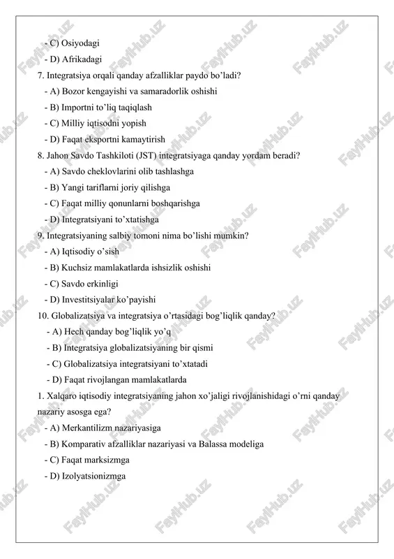 tisodiy integratsiyaning jahon xo’jaligi rivojlanishidagi o’rni qanday nazariy asosga ega? - a) merkantilizm nazariyasiga - b) komparativ afzalliklar nazariyasi va balassa modeliga - c) faqat marksizmga - d) izolyatsionizmga 2. integratsiyaning bosqichlari orasida bojxona ittifoqidan umumiy bozorga o’tish qanday ta’sir qiladi? - a) faqat savdo tariflarini olib tashlash - b) kapital va mehnat oqimlarini erkinlashtirib, iqtisodiy o’sishni kuchaytirish - c) milliy siyosatni cheklashsiz qoldirish - d) jahon xo’jaligini sekinlashtirish 3. jahon xo’jaligi rivojlanishida integratsiya qanday assimetriya muammolarini keltirib chiqarishi mumkin? - a) rivojlangan va rivojlanayotgan mamlakatlar o’rtasidagi nomutanosiblikni kuchaytirish - b) faqat savdo balansi yaxshilanishi - c) investitsiyalarni bir xilda taqsimlash - d) raqobatni butunlay yo’q qilish 4. yevropa ittifoqining valyuta integratsiyasi (evro) jahon xo’jaligiga qanday ta’sir qildi? - a) savdo va investitsiyalarni ko’paytirdi, lekin inqiroz risklarini oshirdi - b) faqat milliy valyutalarni saqladi - c) jahon xo’jaligini izolyatsiya qildi - d) hech qanday ta’sir yo’q 5. integratsiya orqali paydo …