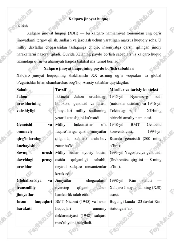 u milliy suverenitetni hurmat qilgan holda, “komplementarlik” printsipi orqali faoliyat yuritadi (milliy sudlar ishni bajara olmasa, xjs aralashadi). xalqaro huquq tizimidagi o’rni va ahamiyati xalqaro jinoyat huquqi xalqaro huquqning maxsus subsistemi bo’lib, umumiy xalqaro huquqning bir qismi hisoblanadi. uning o’rni va ahamiyati quyidagi jadvalda jamlangan: jihat o’rni xalqaro huquq tizimida ahamiyati misollar huquqiy asos bmt nizomi, rim statuti (1998), genotsid konventsiyasi. xjs — doimiy organ. eng og’ir jinoyatlarni (genotsid, urush jinoyatlari, insoniyatga qarshi jinoyatlar, tajovuz) ta’riflaydi. xjs 2002-yildan beri 31 ish ko’rib chiqdi (masalan, sudan prezidenti al-bashir ustidan genotsid aybi). tizimdagi ro’l “vertikal mas’uliyat” — davlat rahbarlarini ham sudlaydi. suverenitetni cheklab, global adolatni ta’minlaydi. 2022-yil rossiya-ukraina urushida urush jinoyatlari bo’yicha tergov. ahamiyati: profilaktika jinoyatchilarni qo’rqitish orqali oldini oladi. genotsidlarni 30% ga kamaytirdi (bmt ma’lumotlari). yugoslaviya tribunalining yutuqlari — 90+ hukm. ahamiyati: hamkorlik davlatlar o’rtasida ekstraditsiya va dalil yig’ishni kuchaytiradi. global tinchlik va xavfsizlikni mustahkamlaydi (bmt nizomi 1-moddasi). afrika ittifoqi bilan …
