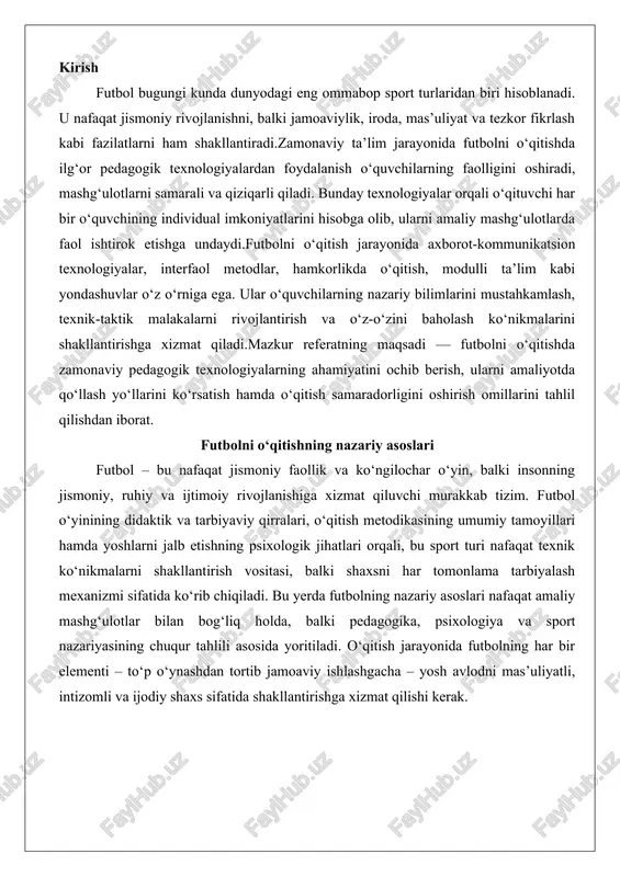 psixologiya va sport nazariyasining chuqur tahlili asosida yoritiladi. o‘qitish jarayonida futbolning har bir elementi – to‘p o‘ynashdan tortib jamoaviy ishlashgacha – yosh avlodni mas’uliyatli, intizomli va ijodiy shaxs sifatida shakllantirishga xizmat qilishi kerak. futbol o‘yinining didaktik va tarbiyaviy imkoniyatlari futbol o‘yini didaktik jihatdan ko‘p qirrali imkoniyatlarga ega bo‘lib, o‘quv jarayonida nazariy bilimlarni amaliy ko‘nikmalarga aylantirishning samarali vositasidir. didaktika nuqtai nazaridan, futbol o‘yinining asosiy afzalligi uning dinamik tabiati va ishtirokchilarni doimiy harakatga undashi. masalan, o‘yin davomida o‘quvchilar nafaqat texnik harakatlarni (to‘pni tepish, pas berish, darvozaga zarba berish) o‘rganadilar, balki taktik fikrlashni ham rivojlantiradilar. bu jarayon piagetning kognitiv rivojlanish nazariyasiga asoslanib, o‘quvchilarning operatsional fikrlash bosqichida (7-11 yoshlar uchun) muammolarni hal qilish qobiliyatini oshiradi. o‘yin orqali o‘quvchilar "nima uchun bu pas samarasiz bo‘ldi?" degan savollarga javob izlash orqali sabab-oqibat munosabatlarini tushunadilar. bundan tashqari, futbolning didaktik imkoniyatlari o‘quv materialini bosqichma-bosqich murakkablashtirishga imkon beradi: boshlang‘ich bosqichda oddiy dribling mashqlari, keyingi bosqichlarda esa jamoaviy taktikalar o‘rgatiladi. …