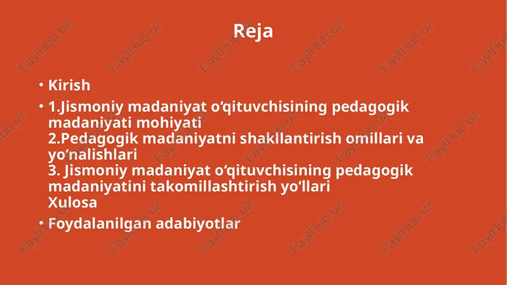 chiga darslarni samarali tashkil etish, o‘quvchilarning jismoniy rivojlanishini monitoring qilish va individual yondashuvni qo‘llash imkonini beradi 2 pedagogik madaniyatning mazmuni o‘qituvchining kasbiy faoliyatini madaniy va ijtimoiy qadriyatlar bilan boyitishda namoyon bo‘ladi. bu tushuncha o‘qituvchining pedagogik jarayonni nafaqat texnik jihatdan, balki insoniy va madaniy qadriyatlar asosida tashkil etish qobiliyatini ifodalaydi. jismoniy madaniyat o‘qituvchisining kasbiy, axloqiy va estetik fazilatlari 5 o‘qituvchi shaxsining madaniy namunasi sifatida ijtimoiy ro’li o‘qituvchi shaxsi madaniy namunasi sifatida ijtimoiy rolining mohiyati uning jamiyatdagi ta’sirini madaniy qadriyatlar tarqatuvchi sifatida ifodalashda yotadi. o‘qituvchi nafaqat bilim beruvchi, balki o‘quvchilar uchun hayotiy namuna bo‘lib, ularning qadriyatlar tizimini shakllantiradi. jismoniy madaniyat o‘qituvchisi uchun bu rol ayniqsa keng, chunki u sog‘lom turmush tarzi, sport ruhu va madaniy qadriyatlar orqali jamiyatni ta’sir qiladi. ijtimoiy rol o‘qituvchining o‘z faoliyatini jamiyat manfaatlari bilan bog‘lashini talab etadi, bu esa uni madaniy jarayonning faol ishtirokchisiga aylantiradi. 7 jismoniy madaniyat o‘qituvchisining kasbiy, axloqiy va estetik fazilatlari pedagogik madaniyatni shakllantirish omillari …
