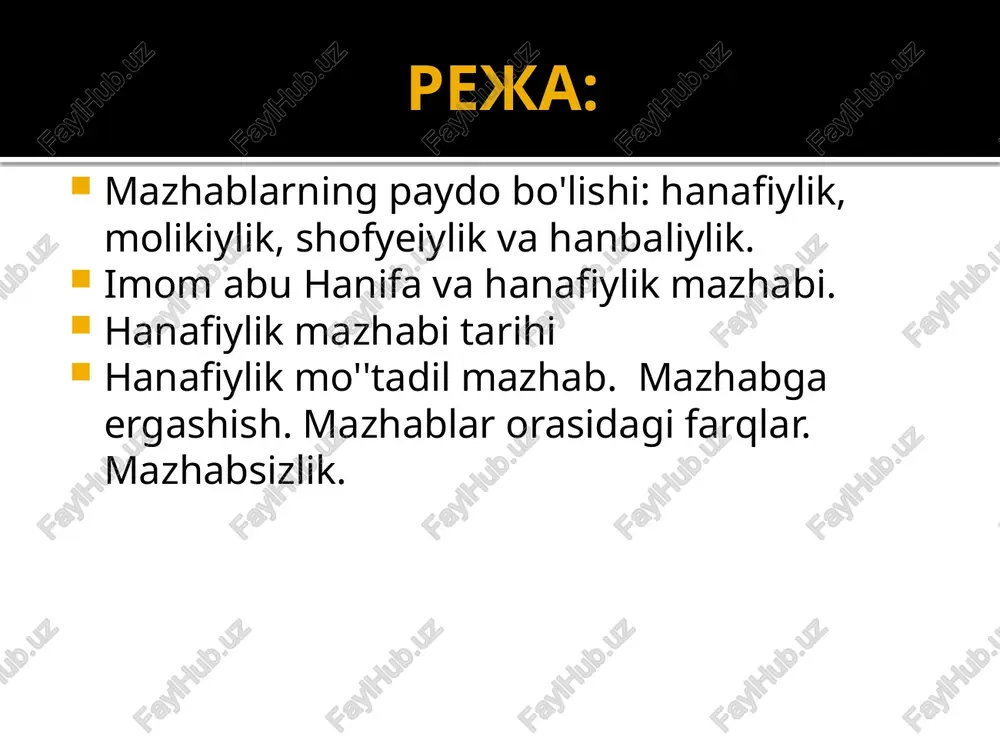 blar sunniy hanafiy molikiy shia zaydiy jafariy hanbalik shofeiy mazhablarga ergashganlar hanafiy 47 % molikiy 17% shofeiy 27% hanbaliy 1,5% mazhablar tarqalgan hududlar hanafiy kichik osiyo, bolqon, oʻrta osiyo, kavkaz, afgʻoniston, hind. turkiya shofeiy misr, indoneziya, sharqiy afrika molikiy tunis, jazoir, liviya, marokash hanafiy mazhabi asoschisi an–nu'mon ibn sobit al–kufiy (699–767) u kishi oʻzlarining aql zakovati bilan ajralib turgan boʻlib, ustozlarining alohida e'tiboriga noil boʻlgan ustozlari abu ismoil hammod ibn abi sulaymon (vaf. 738) vafotidan soʻng uning oʻrniga dars bera boshlaganlar. abu hanifa abbosiylar davrida oʻz mazhablariga asos soladilar. bunda turli sohalarda mutaxassis boʻlgan shogirdlari yordam bergan. shu sababli ham hanafiy mazhabi jamoaviy mazhab sifatida baholanadi. abu hanifa kunyasi imomi a'zam taxallusi hanafiya (imomi a’zam) mazhabi asoschisi. bunga abu hanifa taxallusi imomi a’zam-buyuk imom-(699-767) asos solgan. u eng yirik huquqshunoslardan biri bo’lib, shariat huquqini tartibga solgan, qiyosni tatbiq etgan, istihson tartib usulini (manbalar asosida chiqarish mumkin bo’lgan xulosa yoki hukmlardan …