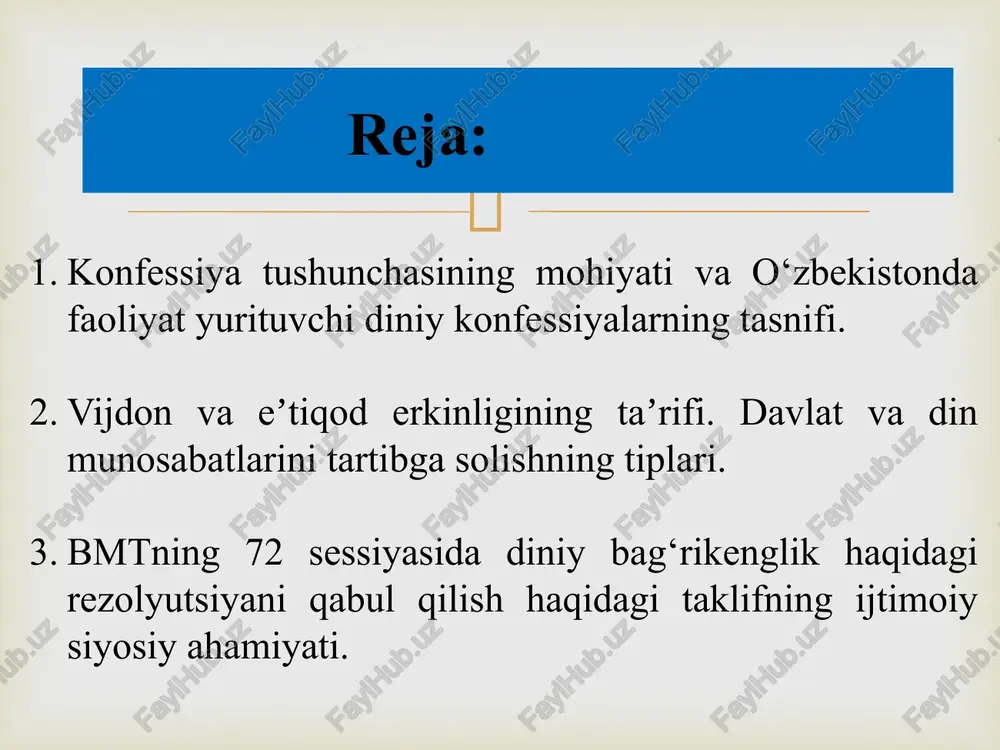 egan aqida bilan uni so‘zsiz bajarish lozim degan fikr singdirilgan. o‘zbekistonda sakralizasiya tamoyili islom dini an’analarini jamiyat va inson hayotining barcha sohalarini diniy qiyofa berish va jamiyatni boshqarish ishlarini ilohiylashtirishni ko‘zda tutadi. g‘arbda bu tamoyil klerikalizasiya (lot. cherkov) bilan bog‘liq. sekulyarizatsiya (lot. dunyoviy degan ma’noni bildiradi) – tendensiyasi ta’siriga ko‘ra, diniy e’tiqodning jamiyat va kishi hayotining barcha sohalaridagi mutlaq hukmronligiga barham berish, hokimiyatni din ta’siridan xalos qilish, dunyoviy taraqqiyot yo‘liga o‘tishni anglatadi. g‘arbda sekulyarizatsiya davlatni dindan, maktabni esa cherkovdan ajratgan, ularning bir-biridan mutlaq rivojlanishiga olib kelgan. sekulyarizatsiya, umuman, jamit hayotida ijobiy ahamiyatga ega. o‘zbekiston konstituttsiyasi va qonunlari sekulyarizm prinsipi asosida rivojlan-tirilgan.  umuman, din hozirgi sharoitda muhim ijtimoiy-madaniy hodisadir. dinnning jamiyat ma’naviy-ma’rifiy hayotida tutgan o‘rnini bilish uchun uning jamiyat va shaxs hayotida qanday o‘rin egallashini, dinning davlatga va shaxsning dinga munosabatini tarixan qanday o‘zgarib borganligini ilmiy tahlil qilish lozim bo‘ladi. din axloqiy tarbiya sohasida muhim ahamiyatga ega vazifani bajaradi. biroq …