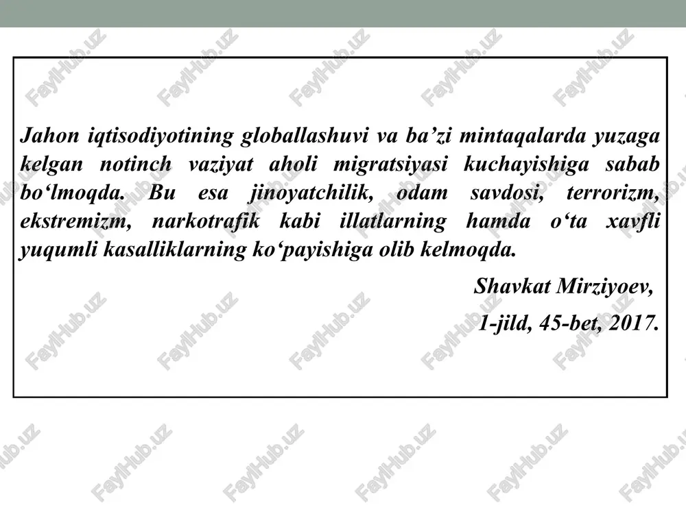 hni kechiktirib bo`lmaydigan g`oyat murakkab vazifalarni qo`ymoqda” . fanatizm (lot. asabiylashgan, jazavaga tushgan) - o’taketgan mutaassiblik,johillik, diniy e’tiqodlarga yoki biror nazariy qarashlarga tish-tirnog’i bilan yopishib olib, boshqa har qanday qarashlarni mutlaqo rad etish, masalan, diniy fanatizm. ekstremizm (lot. extremuz – o’ta, keskin) – siyosat va mafkurada ashaddiy, favqulodda harakat hamda qarashlarga asoslanib faoliyat yuritish. turli ko’rinishlari: siyosiy ekstremizm – g’arazli maqsadiga kuch ishlatish usulidan foydalanadi. “din” niqobi ostida balandparvoz shiorlar, chaqiriqlar bilan terrorchilik va partizanlik harakatini qo’llab-quvvatlaydi. mavjud siyosiy tuzilmalarni yo’qotish uchun “jihod”ga chaqiradi. uning rahbarlari har qanday murosa va kelishuvlarni rad etadi. siyosiy ekstremizm ko’rinishlari: a) millatchilik – turli millat, etnik guruhlarni inkor etadi. b) separatizm (ayirmachilik)ni keltirib chiqaradi, keskinlik, xalqlar o’rtasida mojarolarni uyushtiradi. diniy ekstremizm, avvalo boshqa diniy konfessiyalarga, ularning vakillariga toqatsiz bo‘ladi. dunyoviy davlat qurishni rad qiladi va xalifalikka chaqiradi. yaqin sharq va markaziy osiyo mintaqasidagi turli diniy tashkilotlar bilan bog‘liq. ko‘rinishlari: a) “hizb ut-tahrir”. b) “o‘zbekiston …