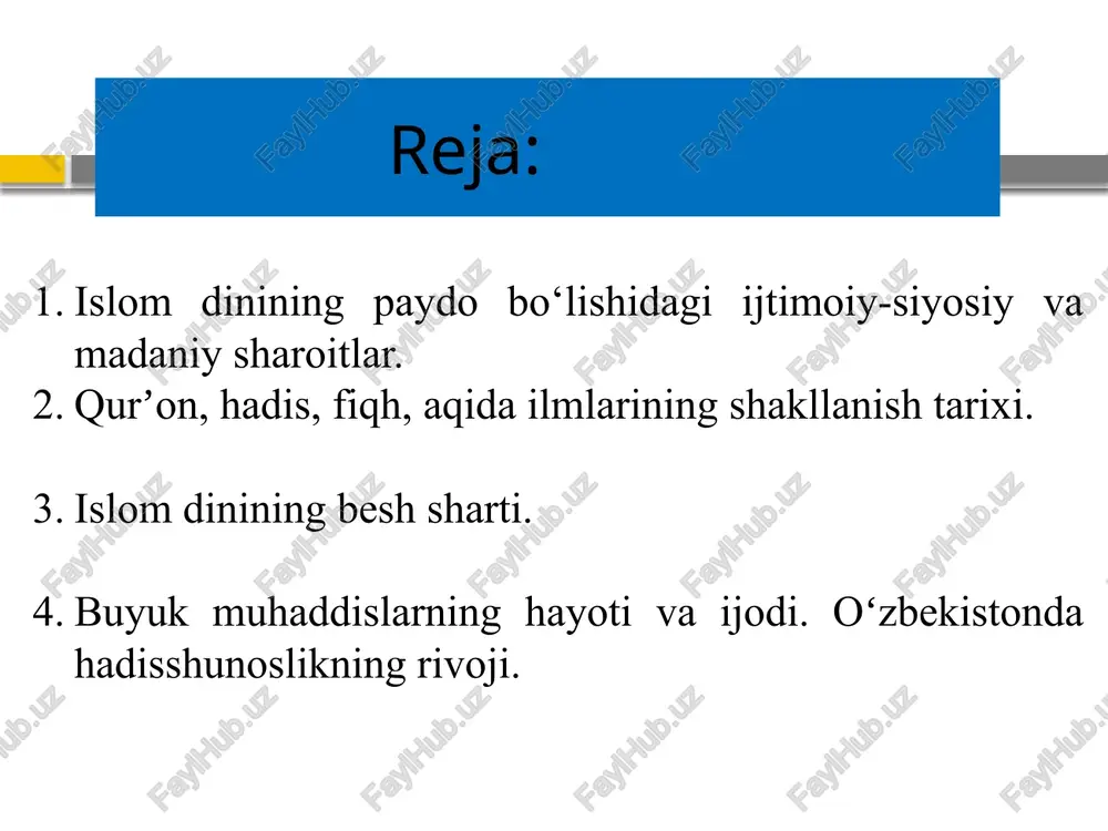 bu “din” arabcha so`z bo`lib, o`zbek tilida “ishonch”, “ishonmoq” degan ma’nolarni anglatadi din – xudo yoki xudolar, g`ayritabiiy kuchlar mavjudligiga ishonish din – kishilik jamiyati tarixiy taraqqiyotining ma’lum bosqichida paydo bo`lgan ijtimoiy ong shakllaridan biri islom (arab, bo`ysunish, itoat etish, o`zini alloh irodasiga topshirish) dini jahonda keng tarqalgan 3 dindan biri (buddizm va xristianlik bilan bir qatorda) islom dinining asosiy oqimlari va yo‘nalishlari. “islom” so`zi ma’nolari itoat va bo‘ysunish. ixlos va turli ofatlardan salomat bo`lish. sulh va omonlik. alloh buyurgan diniy e’tiqodga iymon keltirish. hijoz (hozirgi saudiya arabistoni) markazi makka shahrida quraysh qabilasi sharafli “al-ilohi”, xudo yorlaqagan qabila nomini olgan. shuningdek, makka zodagonlari ichida abad al-mutallib (muhammad payg`ambarning bobosi) habashlar bilan bo’lgan o’zaro to’qnashuvlarda qo’lga kiritilgan o`ljaning katta qismini o`ziga oldi. bu yo`qsil qabiladoshlariga xayr-ehson qilish imkonini berdi. lekin yevropa qit’asiga o`tiladigan savdo yo`llari qaroqchilar tufayli savdogarlarni makkani aylanib o`tishga majbur qilgan. natijada makka zodagonlari sudxo`rlikni kuchaytirgan. bunday ahvoldan qutulish …