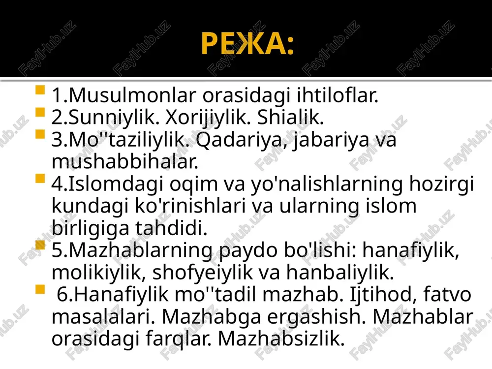 abutolib(656-661) siyosiy oqimlar ahli sunna shialik xorijiylik sunniylik (ahli sunna val–jamoa) 657 yilgi voqyealar va ularning natijasida kelib chiqqan firqabozlik sharoitida ham o'rta yo'lni tutgan davlat rahbarlariga qarshi bormagan o'zlarini sunnatga amal qiladigan va jamoatdan ajralmaydiganlar guruhi dunyo musulmonlarining 92,5 foizini tashkil etadi. xorijiylik hazrat alining yon berganidan norozi bo'lgan 12 ming askari bo'ysunishdan bosh tortib, harura nomli qishloqqa kyetdilar bu guruh kyeyinchalik «xorijiylar» (yoki al–havorij, horijiya) dyeb ataldi ularning nomi ilk to'plangan joylariga nisbat byerilib, «haruriya» dyeb ham ataladi xorijiylik ta'limoti 1 ular gunohkorni «kofir» deb e'lon qildilar. shunga ko'ra halifa usmonni abu bakr va umar yo'lidan yurmagani uchun kofir dyeyishadi 2 «zolim» podshohga qo'lda qilich bilan qarshi chiqishni diniy vazifa (vojib) dyeb biladilar. 3 –halifalikka har qanday odam, quraysh qabilasidan yoki arab bo'lishligidan qat'i nazar, musulmonlar tomonidan saylanishi mumkin. 4 namoz, ro'za, zakot va boshqa amallarni imonning bir bo'lagi, dyeb hisoblaydilar. shialik siffin jangi natijasida haruriylar bilan dyeyarli …