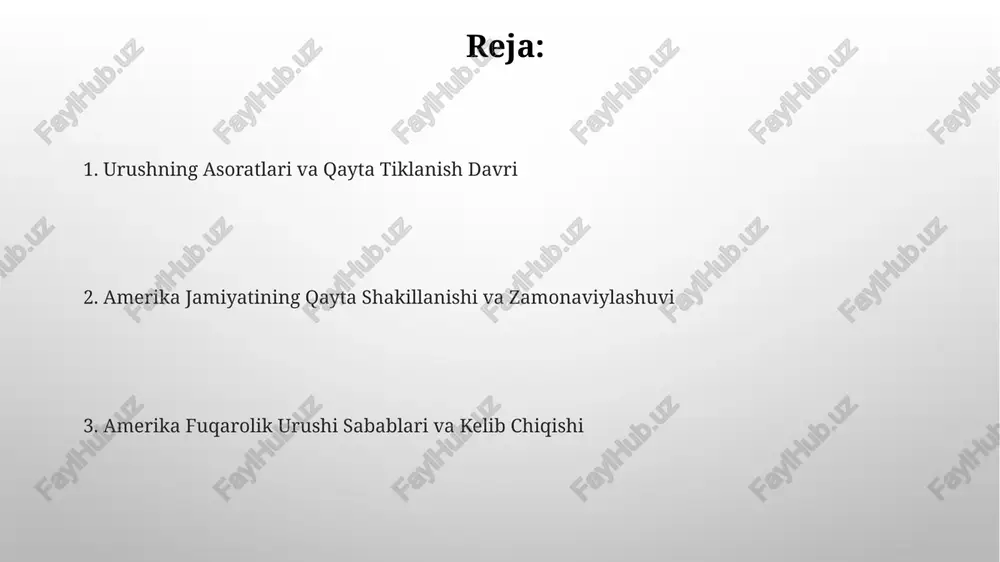 h tufayli fermer xo'jaliklari uchun katta xarajatlarni keltirib chiqardi, bu esa janubiy iqtisodining 10 yildan ortiq vaqt davomida tiklanishiga to'sqinlik qildi. rekonstruksiya davrida janubiy shtatlarda 1865-1877 yillar oralig'ida qora tanlilarning saylov huquqiga ega bo'lishi va kongress tomonidan qabul qilingan 14- va 15-o'zgartirishlar natijasida siyosiy ishtirokini sezilarli darajada oshirdi. amerika jamiyatining o'zgarishi siyosiy jihatdan, "qayta qurish davri" (1865-1877) davrida, amerikalik jamiyatda teng huquqlilik deb ataluvchi taraqqiyot jarayoniga qaramay, irqiy zo'ravonlik va segregatsiya kuchaydi. urushdan keyingi davrda, amerika iqtisodiyoti temir yo'l tarmog'ining kengayishi bilan birga, 1870-yillarga kelib industrializatsiya yo'lida sezilarli o'sishni boshdan kechirdi. urushning asosiy voqealari fuqarolar urushi 1861-1865 yillar davom etdi va 620 000 dan ortiq askar halok bo'ldi, bu amerika tarixida eng qonli mojarolardan biri hisoblanadi. urushning muhim voqealaridan biri – gettisburg jangidir (1863), ittifoq kuchlarining g'alabasi konfederatsiya armiyasining shimolga yurishlarini to'xtatdi. amerika fuqarolar urushi sabablari amerika fuqarolar urushining asosiy sabablaridan biri 1860-yilda prezidentlik saylovlarida abraham lincolnning g'alabasi bo'lib, bu …