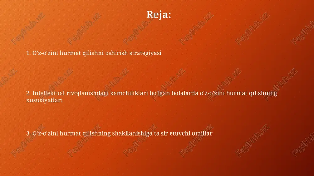 yoshgacha bo'lgan bolalarni tadqiq qilish lozim. oʻz-oʻzini hurmat qilishni oshirishga qaratilgan strategiya va usullar oʻziga boʻlgan ishonchini mustahkamlash uchun bolalarga kuniga kamida 3 ta muvaffaqiyatli vazifani bajarishga yordam bering, bu ularning oʻz qobiliyatlariga boʻlgan ishonchini oshiradi va ijobiy his-tuygʻularni rivojlantiradi. bolalarning kuchli tomonlarini aniqlash va ularni ragʻbatlantirishga qaratilgan maqsadli dasturlarni (masalan, 8-10 ta mashgʻulot) qoʻllang, bu ularning oʻziga boʻlgan ishonchini oshiradi va oʻz-oʻzini qadrlash hissiyotini rivojlantiradi. intellektual nogironlik darajasi va oʻz-oʻzini hurmat qilish oʻrtasidagi bogʻliqlik o'rtacha intellekt nogironligi bilan og'rigan bolalarda o'z-o'zini hurmat qilish darajasi, engil nogironlikka ega bo'lganlarga nisbatan 15-20% pastroq bo'lishi mumni va bu o'ziga ishonchsizlik va tashvish hislarini kuchayishiga olib kelishi mumkin. og'ir intellekt nogironligi bo'lgan bolalarda o'z-o'zini qadrlashning pastligi 60% dan oshadi va bu mustaqil hayot kechirish qobiliyatiga jiddiy ta'sir ko'rsatib, qo'shimcha psixologik yordamni talab qiladi. muammolar va qiyinchiliklar intellektual nogiron bolalarda oʻz-oʻzini hurmat qilish darajasining pastligi, ularning 70% ga yaqinida ijtimoiy moslashuv qiyinchiliklariga olib kelishi …