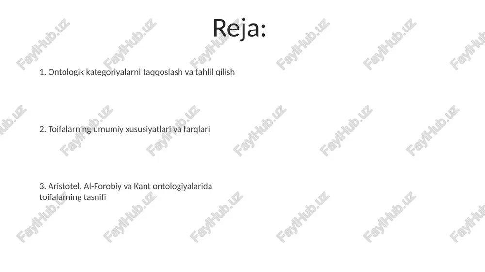 ni alohida kategoriyalar sifatida ko'rib chiqadi, bu esa ularning tasniflash uslubidagi farqni ko'rsatadi. aristotelning kategoriyalar nazariyasi ushbu 10 kategoriya ob’ektlarning turli xususiyatlarini ifodalaydi va ularning bir-biriga bo‘lgan munosabatlarini aniqlashga yordam beradi, shuningdek, mantiq va metafizikada muhim rol o‘ynaydi. aristotelning kategoriyalari tizimi ko‘p asrlar davomida falsafa va mantiqda muhim ahamiyatga ega bo‘lib, keyingi ontologik tizimlarning rivojlanishiga katta ta’sir ko‘rsatdi. munosabat kategoriyasi: turli yondashuvlar kantning transcendental mantig'i al-farobiyning metafizik kategoriyalari bilan 5 ta umumiy xususiyatlarga ega bo'lib, 2 ta muhim farqni keltirib chiqaradi. al-farobiyning kategoriyalar tizimi, 7 ta asosiy toifaga bo'lingan bo'lib, aristotelning tizimiga nisbatan ontologik murakkablikni namoyon etadi. kantning transandantal mantiqdagi kategoriyalari kantning transcendental mantigʻida 12 ta sof tushunchalar, yaʼni kategoriyalar mavjud boʻlib, ular ob’ektlarning mumkin boʻlgan tajribasini shakllantirish uchun zarur shartlar hisoblanadi. bu kategoriyalar miqdor (birlik, koʻplik, umumiylik), sifat (reallik, inkor, cheklanganlik), munosabat (moddiylik, sabab-oqibat, birgalik, alohida boʻlish) va modallik (mumkinlik, reallik, zaruriyat) kabi toʻrt guruhga boʻlinadi. kategoriyalar sistemasining umumiy …
