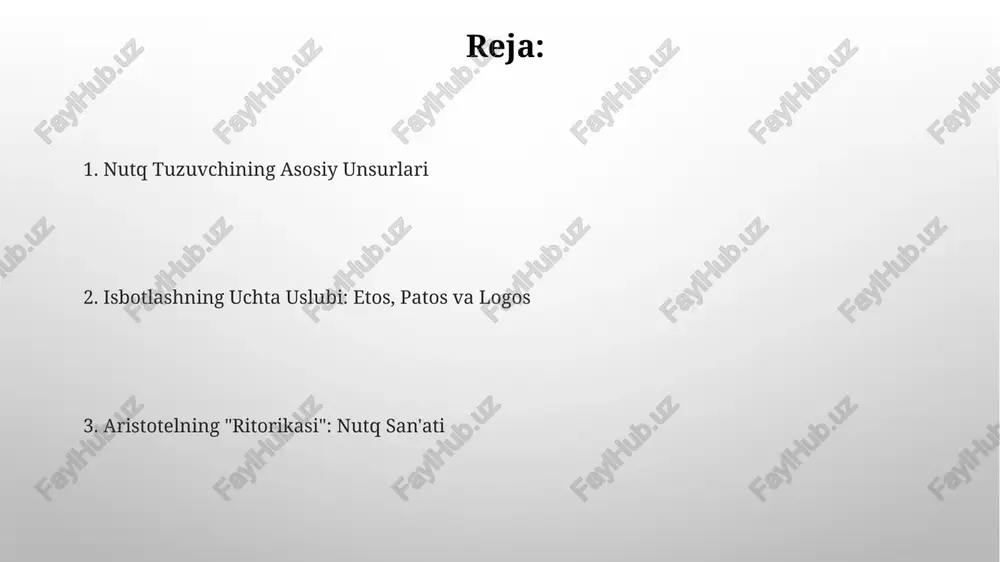 tq turi – maslahat berish, sudlash va maqtash – batafsil tahlil qilinadi, har biri o'ziga xos uslub va texnikalarini o'z ichiga oladi. logos: mantiqiy dalillar logos, muallifning ishonchliligini 20% ga oshiradi, chunki u faktlar va statistik ma'lumotlar orqali tinglovchilarni ishontirishga xizmat qiladi. aristotel "ritorika"sida logos, 3 ta asosiy tarkibiy qismdan: ta'riflar, dalillar va misollar orqali mantiqiy xulosalar chiqarishni o'z ichiga oladi. patos: tinglovchining his-tuyg'ulari effektiv pathos qo‘llashda nutqning ohangi, mimikasi va jestlar kabi 2-3 ta noverbal elementlar ham muhim rol o‘ynaydi, bu esa ta’sir kuchini oshiradi. pathos orqali tinglovchilarning his-tuyg‘ularini boshqarish, ma’lum bir fikrni qabul qilishga undash uchun 3 ta asosiy usul mavjud: takrorlash, metafora va o‘xshatish. nutqning uchta turi aristotel nutqning uchta asosiy turini – maqtov (epideiktik), sud (sud-huquqiy) va siyosiy (siyosiy) nutqlarni – aniqlab beradi, har biri o'ziga xos maqsad va tinglovchilarga ta'sir usullariga ega. ushbu uch turdagi nutqning har biri o'ziga xos vositalar va uslublarni talab qiladi, …