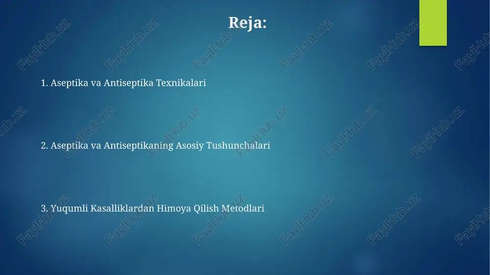 xodimlar 5-7 ta bosqichli qo'l yuvish protseduralarini, maxsus himoya kiyimlarini va steril asboblarni ishlatish kabi qat'iy tartib-qoidalarga amal qilishlari kerak, bu esa yuqumli kasalliklarni yuqtirish xavfini sezilarli darajada kamaytiradi. aseptika printsiplari mikroorganizmlarni 100% yo'q qilishni emas, balki ularning sonini sezilarli darajada kamaytirish va tarqalishini oldini olishga qaratilgan bo'lib, bu jarrohlik amaliyotlari va boshqa tibbiy muolajalar davomida yuqumli kasalliklarning oldini olishda muhim ahamiyatga ega. antiseptika usullari 0,1% - 1% li xlorgeksidin eritmasi terini va shilliq pardalarni antiseptik davolashda keng qo'llaniladi, lekin uning ta'siri bakteriyalar turini hisobga olgan holda farq qilishi mumkin. spirtli antiseptiklar, masalan, 70% li izopropil spirti, bakteritsid va fungitsid ta'sirga ega bo'lib, tez ta'sir qiladi, ammo ba'zi viruslarga nisbatan samarasiz bo'lishi mumkin. aseptika va antiseptika qoidalariga rioya qilishning ahamiyati aseptika va antiseptika qoidalariga rioya qilish, 90% gacha yuqumli kasalliklarning oldini olishga yordam beradi, bu esa bemorlarning sog'lig'ini va hayotini saqlab qolishda muhim ahamiyat kasb etadi. antiseptik vositalardan to'g'ri foydalanish, …