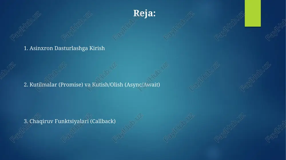 aviy veb-ilovalarda, masalan, real-time chat yoki video oqimlarda, 10 ta foydalanuvchi bilan bir vaqtda ishlash uchun asinxron funksiyalar muhim ahamiyatga ega. katta hajmdagi ma'lumotlarni (10 tb dan ortiq) qayta ishlashda asinxron dasturlash blokirovkalarni oldini olib, umumiy ishlash vaqtini 20% gacha kamaytiradi. asinxron dasturlashga kirish asinxron dasturlashda, 10 ta vazifani ketma-ket bajarish o'rniga, 100 ta vazifani parallel ravishda bajarish natijasida dastur bajarilish vaqti 10 baravarga qisqarishi mumkin, bu esa samaradorlikni oshiradi. async/await sinxron kodga o'xshash tuzilmani taqdim etadi, bu esa 2-3 baravar kam xatoliklarga olib keladi va kodni yozish va saqlashni ancha osonlashtiradi. asinxron operatsiyalarni optimallashtirish asinxron operatsiyalarni to'g'ri boshqarish orqali, 20% gacha ishlash tezligini oshirish va 15% gacha server yukini kamaytirish mumkin. katta hajmli ma'lumotlarni qayta ishlashda asinxron funksiyalardan foydalanish, 50% gacha operatsiyalarni bajarish vaqtini tejash imkonini beradi. kelajakdagi tendentsiyalar va texnologiyalar asinxron funksiyalarni samarali boshqarish uchun yangi, yanada rivojlangan va keng miqyosli kuzatuv vositalari (monitoring tools) va 10x tezroq …