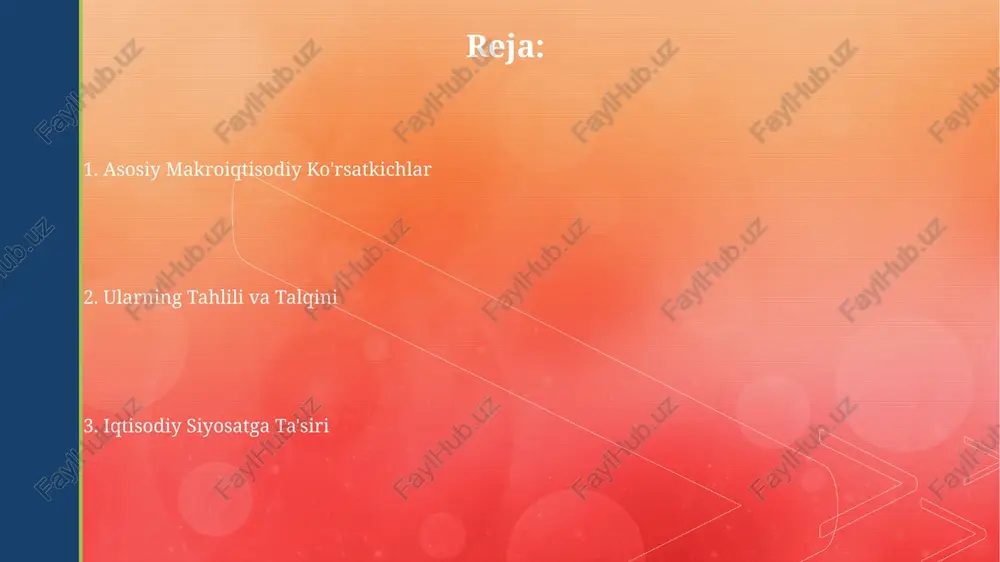 , 15% dan yuqori bo'lganda, aholining xarid quvvati pasayadi va real daromadlar kamayadi, bu ijtimoiy-iqtisodiy notinchliklarni keltirib chiqarishi mukin. inflyatsiya darajasi yil davomida 5% dan 10% gacha o'zgarishi mamlakatning iqtisodiy barqarorligiga salbiy ta'sir ko'rsatishi mumkin, bu esa yalpi ichki mahsulot (yaim) o'sishini sekinlashtiradi. ishlab chiqarish indeksi 2022-yilning birinchi choragida ishlab chiqarish indeksi o'tgan yilning shu davriga nisbatan 5% ga o'sgan bo'lsa, ikkinchi choragida o'sish sur'ati 3% ga pasaygan, bu inflyatsiya va xomashyo narxlarining oshishi bilan bog'liq. ishlab chiqarish indeksining o'zgarishi, iqtisodiyotning qisqa muddatli prognozlari uchun, masalan, keyingi 6 oy ichida ishsizlik darajasining 0,5% ga o'sishi yoki kamayishi mumkinligini ko'rsatishda foydalaniladi. davlat qarzi davlat qarzi tarkibida ichki va tashqi qarzlarning nisbati 70/30 bo'lsa, bu tashqi to'lovlar balansiga bosim o'tkazishi mumkin. so'nggi 5 yilda davlat qarzi o'rtacha yillik 15% ga o'sgan bo'lsa, bu davlat byudjeti taqchilligining katta ekanligidan dalolat beradi. yaim (yaimning oʻsis surʼati) yaimning o'sish sur'ati inflyatsiya darajasi bilan teskari korrelyatsiyaga …