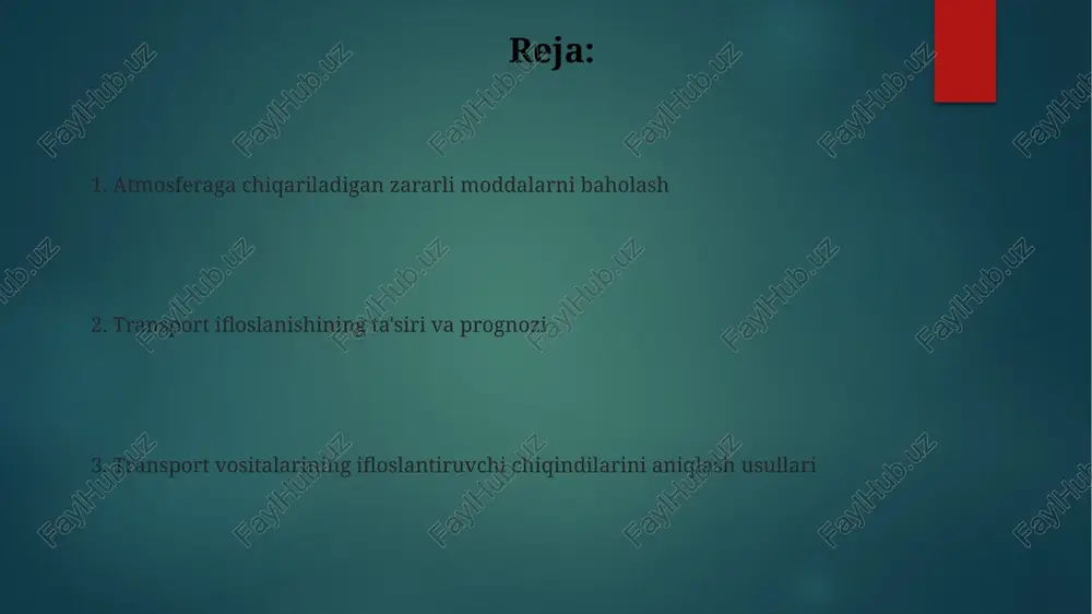 arida monitoring o'rnatish tavsiya etiladi. iqtisodiy va ijtimoiy ta'sirlar shahar atrof-muhitining ifloslanishi tufayli turizm sektorida 15% ga yaqin pasayish kuzatilmoqda, bu esa minglab ish o'rinlarining yo'qotilishiga olib keladi. avtotransport ifloslanishi tufayli sog'liqni saqlash xarajatlari yiliga o'rtacha 10 milliard so'mni tashkil etadi, bu esa umumiy yalpi ichki mahsulotning 0,5% ni tashkil qiladi. modellashtirish va prognozlash atmosfera ifloslanishini modellashtirishda, 20 km radiusli hududdagi transport oqimini tahlil qilish orqali, noqulay meteorologik sharoitlarda havo sifatining yomonlashuvini 72 soat oldin prognoz qilish imkoniyatini beradi. transport vositalarining turlari va ularning chiqindi miqdoriga asoslanib, emissiya inventarizatsiyasini yaratish va prognozlashda mashina o'rganish algoritmlarini qo'llash xatolikni 10% gacha kamaytiradi hamda hisob-kitoblar tezligini 3 baravarga oshiradi. zararli moddalarning tarqalish mexanizmlari zararli moddalarning tarqalishi shamol tezligiga bogʻliq boʻlib, 10 m/s dan yuqori tezlikda ifloslanishning tez tarqalishi kuzatiladi, bu esa keng hududlarni qamrab oladi. atmosferadagi diffuziya jarayonlari zararli gazlarning konsentratsiyasini 10-100 marta kamaytirishi mumkin, bu esa relyef va ob-havo sharoitlariga bogʻliq. atmosferaning …