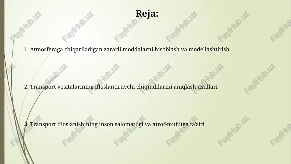nfratuzilmasining zichligi havo ifloslanishiga bevosita ta'sir ko'rsatadi, masalan, 1 km² ga 100 dan ortiq avtomobilning to'planishi pm2.5 miqdorini 20% ga oshirishi mumkin. ekologik toza transport turlari velosipedlar va piyoda yurish kabi transport vositalari atmosferaga nol darajada zararli gazlar chiqaradi va shaharlardagi havo ifloslanishini kamaytirishga 20% gacha hissa qo'shishi mumkin. vodorodli yoqilg'i elementli avtomobillar chiqindi gaz sifatida faqat suv bug'larini hosil qiladi, ularning ishlashi jarayonida havoni ifloslantiruvchi zararli moddalar miqdori 99% ga kamayadi. atmosferaga chiqadigan zararli moddalar avtotransport vositalarining yonilg'i samaradorligi pasayishi, eski texnologiyali mashinalar va noto'g'ri texnik holat transport emissiyalarining miqdorini 15-20% ga oshirishi mumkin, bu havo ifloslanishiga sezilarli ta'sir ko'rsatadi. noqulay ekologik sharoitlarda, masalan, zich shaharlarda, transport vositalarining chiqindilari pm2.5 va pm10 kabi zarrachalarni hosil qiladi, ularning diametri mos ravishda 2,5 va 10 mikrometrdan kichik bo'lib, nafas olish tizimiga salbiy ta'sir ko'rsatadi. davlat siyosati va qonunchilik transport vositalarining emissiyasini nazorat qilish bo'yicha davlat dasturlarida 2025 yilgacha zararli chiqindilarni 15% …