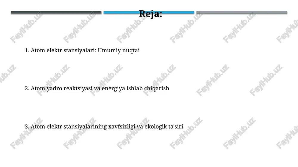 yalarining ishlashi yuqori darajadagi xavfsizlik choralari va qat'iy nazoratni talab qiladi, chunki ular radioaktiv chiqindilar hosil qiladi va potentsial xavf tug'dirishi mumkin. ushbu stansiyalar uran yoki plutoniy kabi ogʻir elementlarning yadro boʻlinishi jarayonida ajralib chiqadigan ulkan energiyani ishlatadi va bugʻ turbinlarini harakatga keltirib, elektr generatorlarini aylantiradi. atom elektr stansiyalarining turlari rossiya federatsiyasi kabi ba'zi mamlakatlarda rbmk tipidagi grafitik reaktorlar 1000 mvt dan ortiq quvvatga ega bo'lgan katta atom elektr stansiyalarida qo'llanilgan, lekin xavfsizlik masalalari tufayli ularning soni kamayib bormoqda. to'rtinchi avlod atom reaktorlari, masalan, sfr (tez neytronli reaktorlar) yoki msr (erigan tuzli reaktorlar) kabi yangi texnologiyalar yanada yuqori samaradorlik va xavfsizlikni ta'minlashga qaratilgan bo'lib, ularning quvvatlari 1000 mvt dan oshadi. yadro yoqilgʻisi va reaksiyasi yadro reaksiyasi paytida neytronlarning yadro bilan to'qnashuvi natijasida issiqlik hosil bo'ladi, bu issiqlik suvni bug'ga aylantirib turbinani aylantiradi va elektr energiyasi ishlab chiqaradi. yadro yoqilgʻisi, masalan, uran-235, zanjirli yadro reaksiyasi orqali energiya hosil qiladi, bu jarayonda …