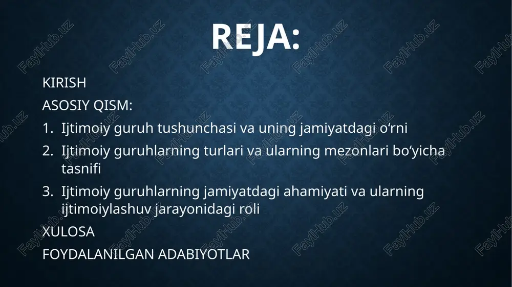 ng turli ko‘rinishlaridir. ijtimoiy guruhlar jamiyat taraqqiyotining muhim ijtimoiy bo‘g‘inidir. ular quyidagi asosiy funksiyalarni bajaradi: ijtimoiylashuv vazifasi. har bir shaxs bolalikdan boshlab ijtimoiy guruhlar orqali jamiyat me’yorlari, qadriyatlari va qoidalariga o‘rganadi. masalan, oila, maktab, tengdoshlar guruhi — ijtimoiylashuvning ilk bosqichidagi asosiy guruhlardir. shaxsning identifikatsiyasi. inson o‘zini muayyan guruhga mansub deb hisoblab, shaxsiy o‘zligini (identitetini) shakllantiradi. bu esa o‘zini jamiyatda tutish qoidalarini aniqlaydi. ijtimoiy nazorat va tartibni saqlash. guruh ichida mavjud bo‘lgan me’yor va qadriyatlarga amal qilish orqali shaxslar o‘z xatti-harakatlarini muvofiqlashtiradi. ma’naviy va ruhiy qo‘llab-quvvatlash. insonlar guruh orqali ruhiy dalda, yordam, xavfsizlik hissi va ijtimoiy tasdiq topadilar. jamiyatdagi ishtirok va faoliyatni tashkil qilish. ishchi guruhlar, partiyalar yoki kasbiy jamoalar orqali jamiyatda iqtisodiy, siyosiy va madaniy faoliyatlar olib boriladi. shu bois ijtimoiy guruhlar jamiyatdagi ijtimoiy tizimning ajralmas bo‘lagi hisoblanadi. har bir shaxs bevosita yoki bilvosita bir nechta guruh tarkibida ishtirok etib, jamiyat hayotiga o‘z hissasini qo‘shadi. asosiy qism: 2. ijtimoiy guruhlarning …