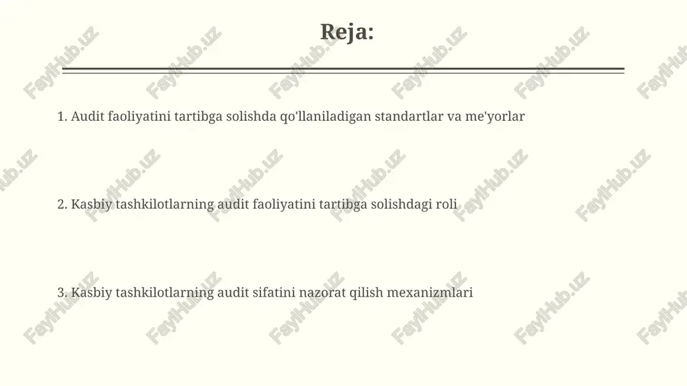 u esa 90% dan ortiq audit ishlarida qo'llaniladi. kelajakdagi istiqbollar va yangi tahdidlar kelgusi 5 yil ichida audit sohasida sun'iy intellekt texnologiyalarining qo'llanilishi 30% ga oshishi va bu yangi xavfsizlik tahdidlarini, jumladan, ma'lumotlarning buzilishini keltirib chiqarishi mumkin. globalizatsiya sharoitida transchegaraviy audit faoliyatini tartibga solish bo'yicha xalqaro standartlarning moslashuvi va 2025 yilgacha kamida 15 ta yangi qonunchilik hujjatlarining qabul qilinishi kutilmoqda. intizomiy javobgarlik va sanktsiyalar auditoriya standartlarining 3 yoki undan ortiq buzilishi holatlarida professional sertifikatlarning bekor qilinishi kabi qattiq intizomiy javobgarlik choralarini qo'llash mumkin. auditoriya faoliyatidagi jiddiy qoidabuzarliklar uchun professional tashkilotlar tomonidan 5 yilgacha a'zolikdan mahrum qilish yoki 10.000.000 so'mgacha jarima kabi sanktsiyalar qo'llanilishi mumkin. audit sifatini nazorat qilish mexanizmlari kamida 100 ta audit hisobotini namunaviy tekshirish orqali aniqlangan kamchiliklar bo'yicha statistik tahlil va ularning oldini olish bo'yicha tavsiyalar ishlab chiqish audit sifatini oshirishga yordam beradi. audit sifatini nazorat qilishda professional tashkilotlar tomonidan o'tkaziladigan 3 yillik davriy tekshiruvlar va audit standartlariga …