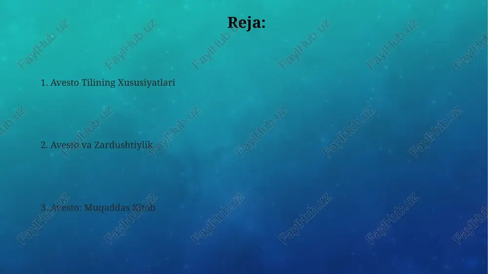limlarining) qisqacha mazmuni, ahlaq qoidalari va kosmogonik tasavvurlar haqida ma'lumotlar keltirilgan. kitobda zardushtiylikning muqaddas kitobi – avestodan parchalar, ibodatlar va marosimlar, ruhoniylar (mobedlar)ning roli va jamiyatdagi o‘rni kabi jihatlar tahlil qilinadi. “avesto: din va e’tiqod” kitobi qadimgi fors dinining, zardushtiylikning, 1500 yildan ortiq tarixini va asosiy tamoyillarini, shu jumladan, yaxshilik va yomonlik kabi dualistik tushunchalarni batafsil bayon qiladi. avesta: muqaddas kitob avestoda 17 ga yaqin gāthā deb ataluvchi diniy madhiyalar mavjud bo'lib, ular zardushti dinining asosiy ta'limotlarini aks ettiradi. avesto 21 ga yaqin yasna, vispered, vendidad kabi qismlardan iborat bo'lib, har biri o'ziga xos marosimlar va ibodatlarni o'z ichiga oladi. avesto matnlari qadimgi zamonlarda turli yozuv tizimlari, jumladan, avesto alifbosi orqali yozilgan va asrlar davomida ko'plab qo'lyozmalar shaklida saqlanib kelingan. avesta: zamon va makon avesta "zamon va makon" tadqiqotchilari tomonidan taxminan 7-8 asrlarga oid yozma manbalar va arxeologik topilmalar orqali tekshiriladi va tasdiqlanadi. avesta matnlarining zamon va makonga oid ma'lumotlari, …