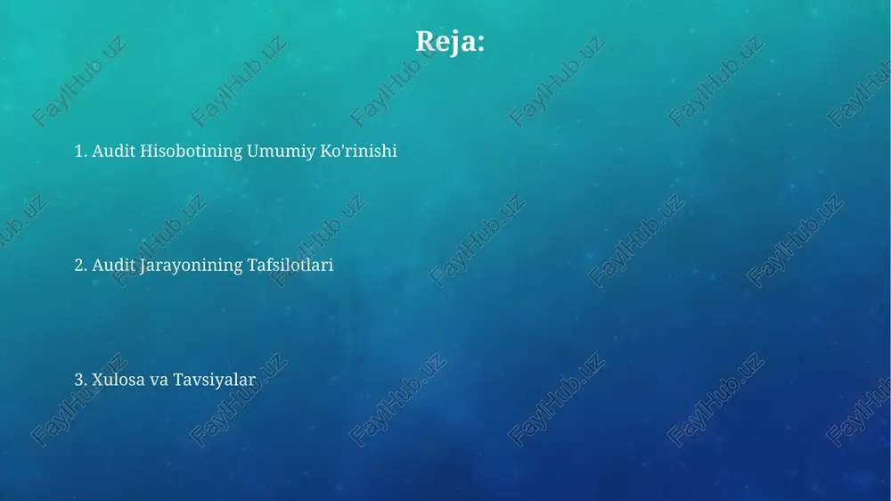 tivlarning qiymatiga oid ma'lumotlar (masalan, 1 million so'm aktiv) va tekshiruv davri (masalan, 2023 yil 1-yanvar – 31-dekabr) ko'rsatiladi. dalillarni yig'ish va tahlil qilish ichki nazorat tizimini baholashda aniqlangan 3 ta va undan ortiq kamchiliklar audit xulosasiga va tavsiyalarga salbiy ta'sir ko'rsatishi mumkin. dalillarni yig'ishda kamida 3 ta mustaqil manbadan ma'lumot olish va ularning mosligini 10% chegarasida tekshirish audit sifatini oshiradi. hisobotni tayyorlash va taqdim etish hisobotda aniqlangan jiddiy moliyaviy kamchiliklar bo'yicha tavsiyalarni ishlab chiqish va ularni hisobotda batafsil yoritish, shuningdek, ularning tuzatilishi uchun belgilangan muddatlarni ko'rsatish lozim. audit hisobotini taqdim etishdan oldin, uni kamida 2 nafar mustaqil auditor tekshirib chiqishi va hujjatlashtirishi zarur. bu ishning sifatini oshirish va xatolarni oldini olishga yordam beradi. muhim topilmalar audit jarayonida 200 dan ortiq operatsiyalar tahlil qilinib, ulardan 10 tasida jiddiy qoidabuzarliklar aniqlandi, bu esa moliyaviy hisobotlarning ishonchliligiga salbiy ta'sir ko'rsatishi mumkin. muhim topilmalar hisobotida 5 ta tavsiya berilgan bo'lib, ularning amalga oshirilishi …