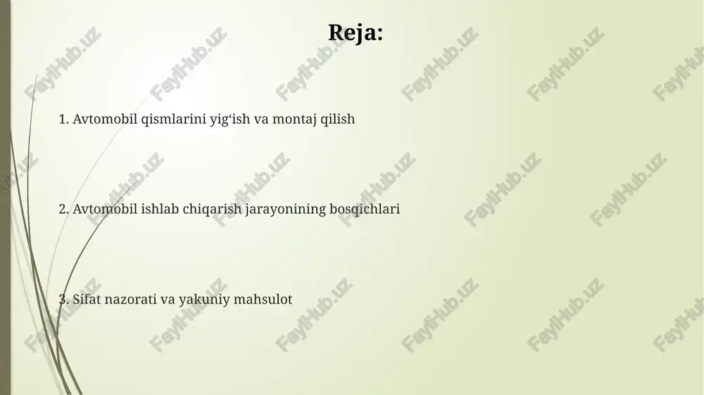 at nazorati jarayonida 200 dan ortiq turli sinovlar o'tkaziladi, avtomobilning xavfsizligi va ishonchliligi ta'minlanadi. tananing payvandlash bosqichida 6000 dan ortiq payvand choklari qo'llaniladi, bu esa robotlar yordamida yuqori tezlikda amalga oshiriladi. avtomobil ishlab chiqarish jarayoni 300 dan ortiq alohida qismlardan yig'ilishini o'z ichiga oladi, bu jarayon yuqori aniqlik va avtomatlashtirishni talab qiladi. korpusning yig'ilishi korpusning yigʻilish jarayoni avtomatlashtirilgan liniyalar yordamida amalga oshiriladi, bu esa bir soatda oʻrtacha 30 dan ortiq korpusning yigʻilishini taʼminlaydi. korpusning mustahkamligi va geometrik aniqligi, ulanish nuqtalarining soni (taxminan 5000) va payvand choklarining sifati qat'iy sifat nazorati ostida boʻladi. korpus yigʻilishiga 2000 dan ortiq turdagi metall va kompozit qismlar kiradi, ularning aniq oʻrnatilishi robotlar va yuqori aniqlikdagi sensorlar yordamida nazorat qilinadi. mexanika va elektr jihozlarning o'rnatilishi mexanik jihozlarni o'rnatish jarayoni avtomatlashtirilgan liniyalar orqali amalga oshiriladi va o'rtacha 150 dan ortiq robot qo'llaniladi, bu esa ish unumdorligini 30% ga oshiradi. elektr jihozlarning o'rnatilishiga 500 dan ortiq turdagi komponentlar …