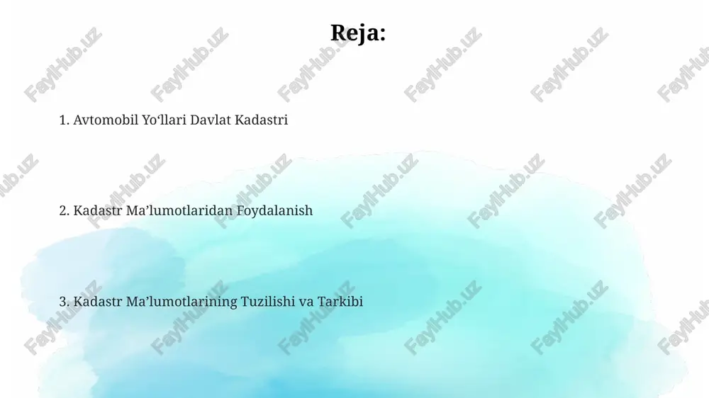 omlanishi, maqsadi) saqlashga imkon beradi. kadastr ob'ektlarini tasniflash kadastr ob'ektlarining tasnifida yo'lning toifasi (i, ii, iii toifalar), yo'nalishi (mahalliy, mintaqaviy, xalqaro), transport yukining yillik hajmi kabi faktorlar ham inobatga olinadi. avtomobil yo'llari kadastridagi ob'ektlarni tasniflashda geometrik parametrlar (masalan, 100 metrgacha, 100-500 metr va 500 metrgan ortiq), qoplov turi (asfalt, beton) va texnik holati kabi ko'rsatkichlar muhim ahamiyatga ega. kadastr ob'ektlarini 12 ta asosiy guruhga, ya'ni yo'l qismlari, ko'priklar, tonnellar va boshqa inshootlarga bo'lib, har bir guruh ichidagi ob'ektlarni uzunligi, kengligi va funktsional xususiyatlariga ko'ra tasniflanadi. innovatsion texnologiyalarni qo'llash istiqbollari blokcheyn texnologiyasi avtomobil yoʻllari kadastrini shaffof va oʻzgartirib boʻlmaydigan qilib yaratish imkonini beradi, bu esa korruptsiyani kamaytiradi va kadastr maʼlumotlarining ishonchliligini 99% ga oshiradi. avtomobil yoʻllari kadastrini yaratishda 3d modellashtirish va geomatik texnologiyalarni qoʻllash yoʻl tarmoqlarini 10 baravar tezroq va aniqroq xaritalash imkonini beradi, bu esa resurslarni tejashga va loyihalash jarayonini optimallashtirishga yordam beradi. sunʼiy yoʻldoshdan olingan maʼlumotlar va mashinani oʻrganish …