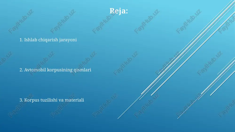 a va yaponiya davlatlariga to'g'ri keladi. raqobat juda kuchli. bozor segmentiga talabning 60% dan ortig'ini yo'lovchi avtomobillari uchun mo'ljallangan qismlar tashkil etadi, qolgan qismi yuk avtomobillari va boshqa transport vositalari uchun. 2023 yildagi tahlillarga ko'ra, avtomobil korpusi qismlari bozorining hajmi 150 milliard aqsh dollaridan oshgan va yil sayin 5-7% o'sish kutilmoqda. sifat nazorati avtomobil korpusining sifat nazorati iso 9001 standartlari asosida amalga oshiriladi va 5 bosqichdan iborat bo'lib, har bir bosqichda kamida 2 ta sinovdan o'tkaziladi. sifat nazorati natijalariga ko'ra, 1% dan ortiq nuqson aniqlansa, korpusning qayta ishlanishi yoki qayta qurish talab etiladi, bu esa qo'shimcha xarajatlarni keltirib chiqaradi. sifat nazorati jarayonida avtomobil korpusining 30 dan ortiq parametrlari, shu jumladan geometrik o'lchamlar va sirt sifatining ko'rsatkichlari tekshiriladi. dizayn va estetika avtomobilning tashqi koʻrinishi, yaʼni uning estetikasi, 70% potentsial xaridorlarning avtomobilni sotib olish qaroriga taʼsir qiladi, degan tadqiqotlar mavjud. zamonaviy avtomobil dizaynida 30 dan ortiq turdagi turli xil materiallar qoʻllaniladi, ularning …