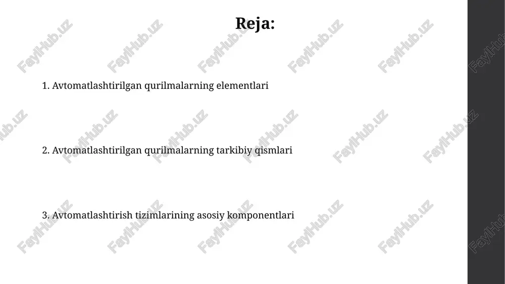 mikroprotsessorlar va yuqori tezkor operativ xotira (ram) modullarining ishlatilishi bilan oshiriladi, bu esa tezkor javob berishni ta'minlaydi. ko'pgina mikroprotsessorli boshqaruv tizimlari analog-raqamli va raqamli-analog konvertorlar (a/d va d/a) kabi periferik qurilmalar bilan jihozlangan bo'lib, fizik o'lchovlarni raqamli ma'lumotlarga va aksincha o'zgartirish imkonini beradi. monitoring va diagnostika tizimlari sensorlar va aktuatorlarning holati to'g'risida ma'lumotlarni yig'ish, tahlil qilish va vizualizatsiya qilish uchun hmi (human-machine interface) interfeysi orqali 24/7 monitoring amalga oshiriladi. nazorat va diagnostika tizimlari real vaqt rejimida 100 dan ortiq parametrlarni kuzatib, texnik nosozliklarni 5 soniyadan kamroq vaqt ichida aniqlash imkoniyatini beradi. quvvat manbalari ba'zi avtomatlashtirish tizimlari 12v yoki 24v to'g'ridan-to'g'ri tokli quvvat manbalarini, masalan, sensorlar va aktuatorlarni boshqarish uchun ishlatadi. bu energiya samaradorligini oshiradi. avtomatlashtirish qurilmalarida 220v dan 480v gacha bo'lgan o'zgaruvchan tokli quvvat manbalari keng qo'llaniladi, bu ularning ishlash kuchini va ishonchliligini ta'minlaydi. avtomatlashtirish qurilmalarining asosiy elementlari ba'zi avtomatlashtirish tizimlari 5 dan ortiq kirish/chiqish (i/o) portlariga ega bo'lib, har …